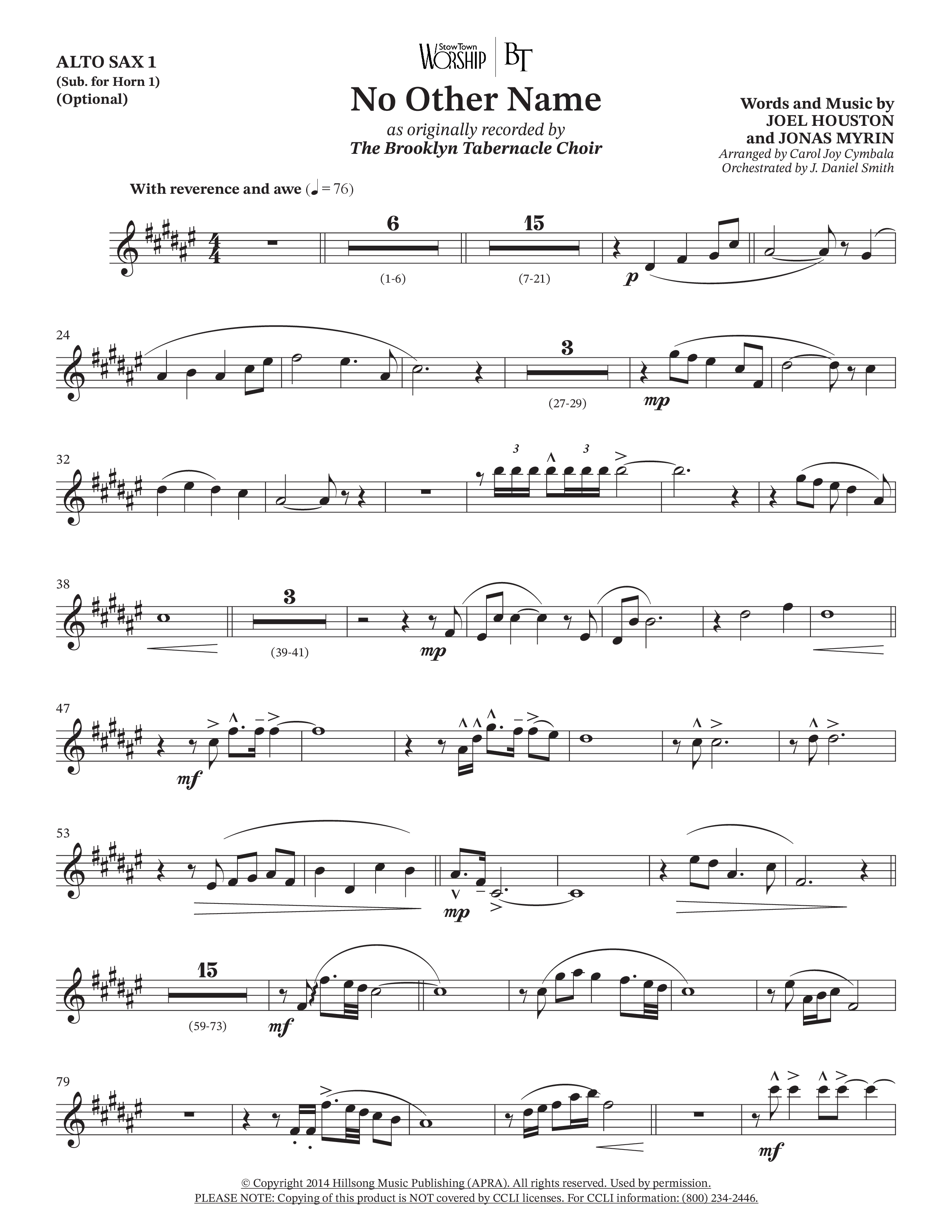 No Other Name (Choral Anthem SATB) Alto Sax (The Brooklyn Tabernacle Choir / Arr. Carol Cymbala / Orch. J. Daniel Smith)