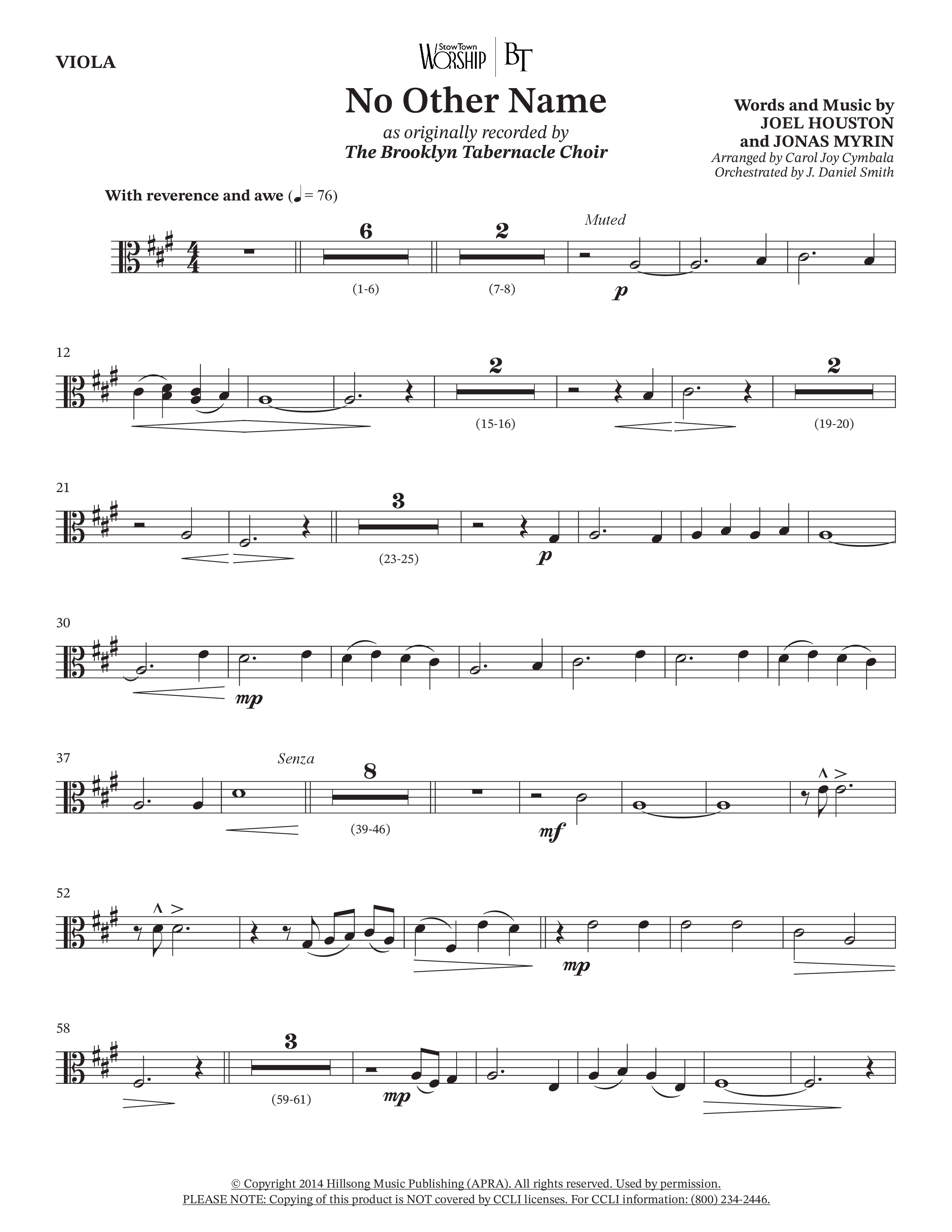 No Other Name (Choral Anthem SATB) Viola (The Brooklyn Tabernacle Choir / Arr. Carol Cymbala / Orch. J. Daniel Smith)