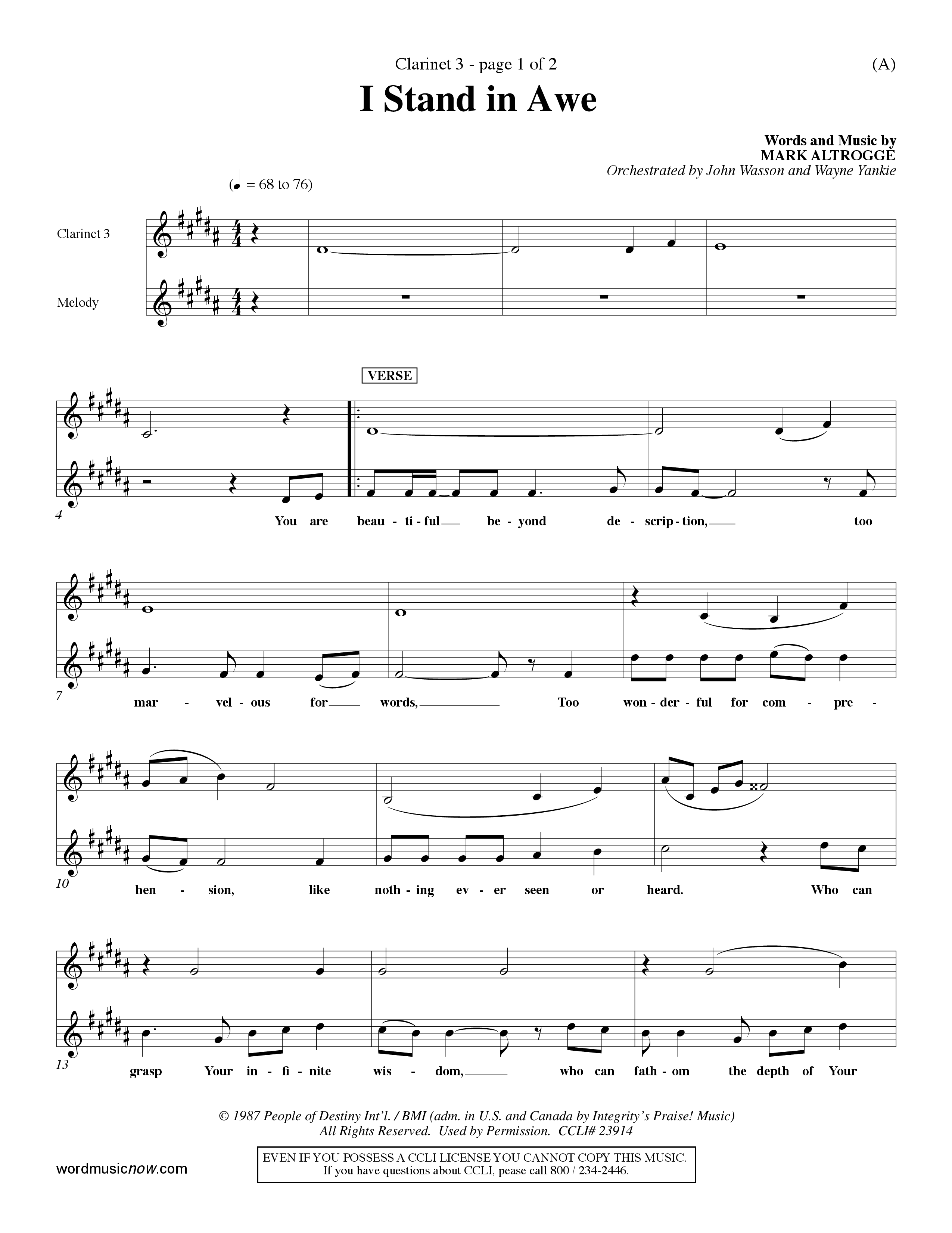 I Stand In Awe (Choral Anthem SATB) Clarinet 3 (Word Music Choral / Orch. John Wasson / Orch. Wayne Yankie)