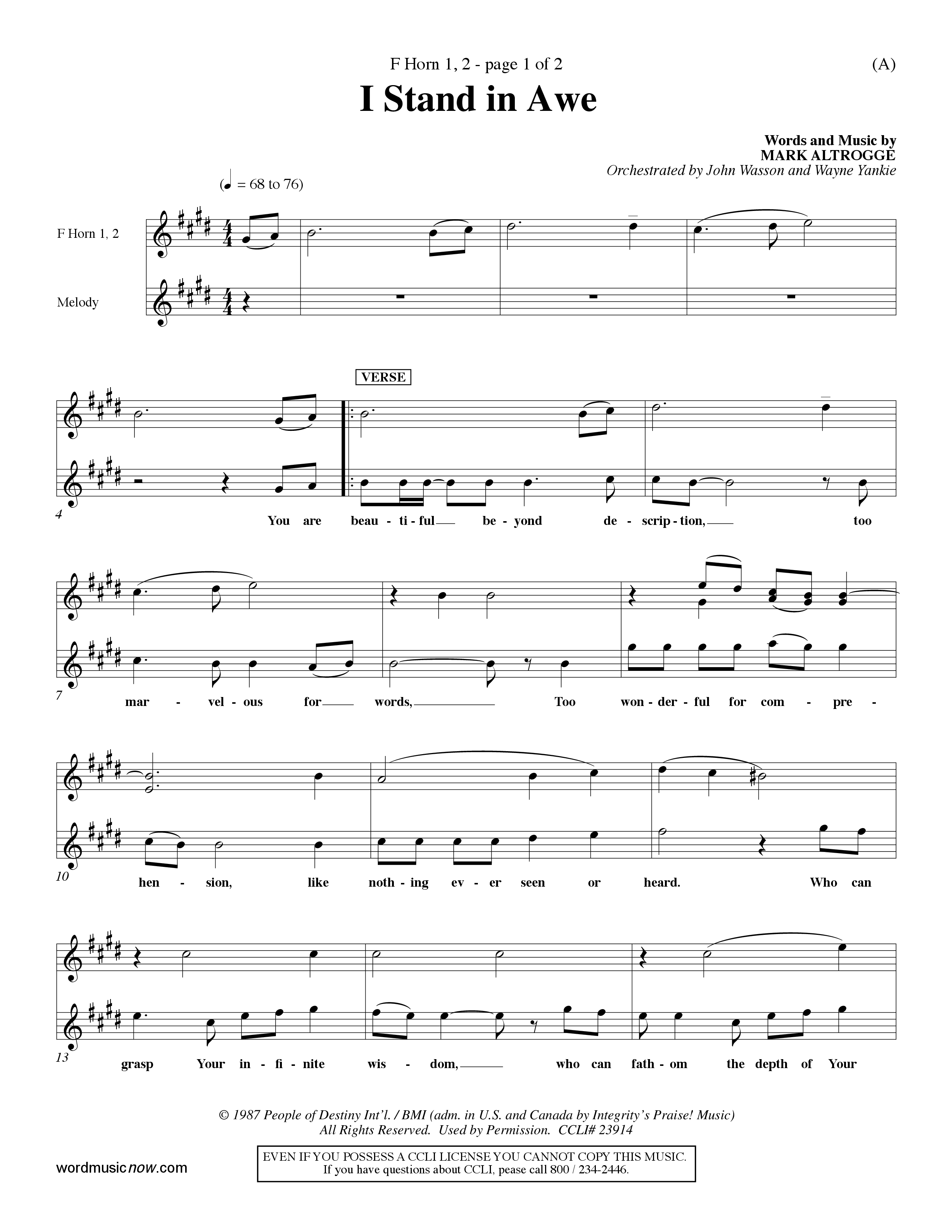 I Stand In Awe (Choral Anthem SATB) French Horn (Word Music Choral / Orch. John Wasson / Orch. Wayne Yankie)