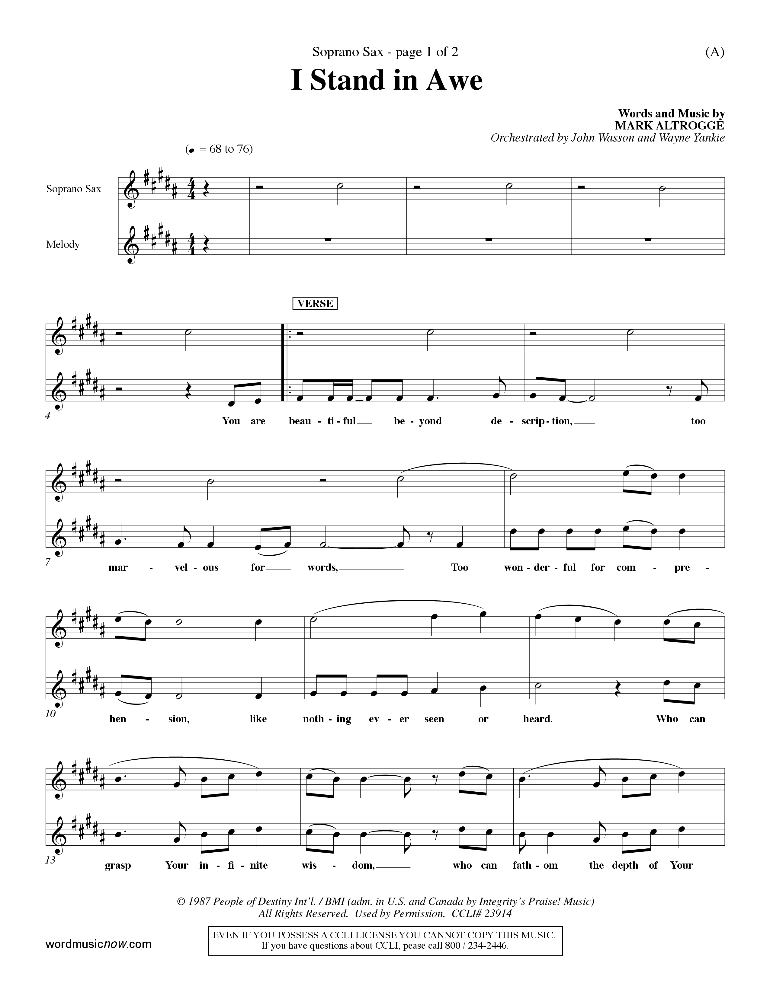 I Stand In Awe (Choral Anthem SATB) Saxophone (Word Music Choral / Orch. John Wasson / Orch. Wayne Yankie)