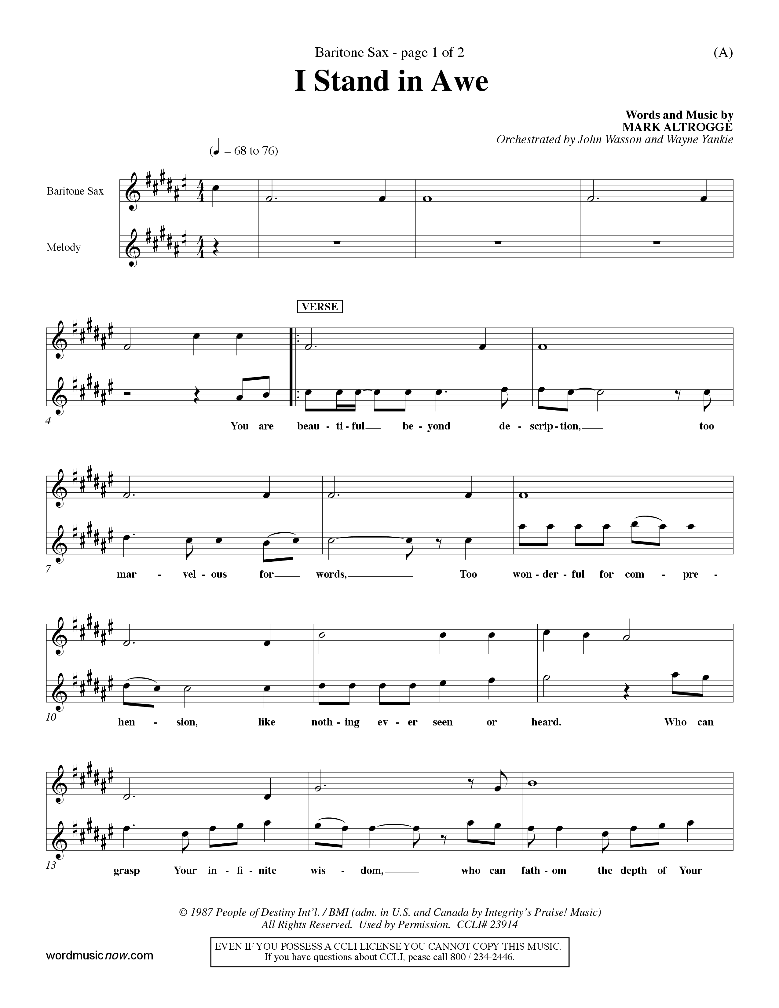 I Stand In Awe (Choral Anthem SATB) Saxophone (Word Music Choral / Orch. John Wasson / Orch. Wayne Yankie)