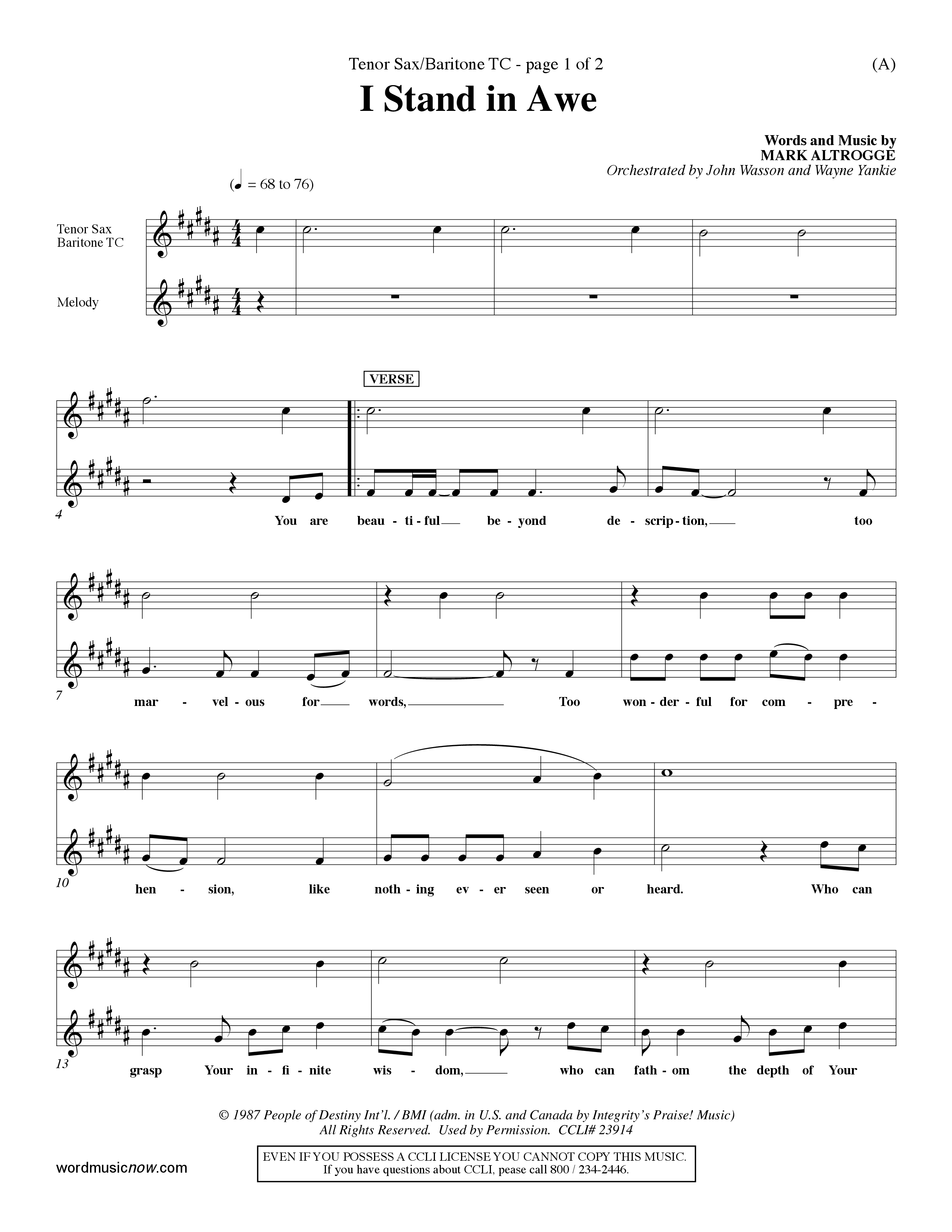 I Stand In Awe (Choral Anthem SATB) Tenor Sax/Baritone T.C. (Word Music Choral / Orch. John Wasson / Orch. Wayne Yankie)