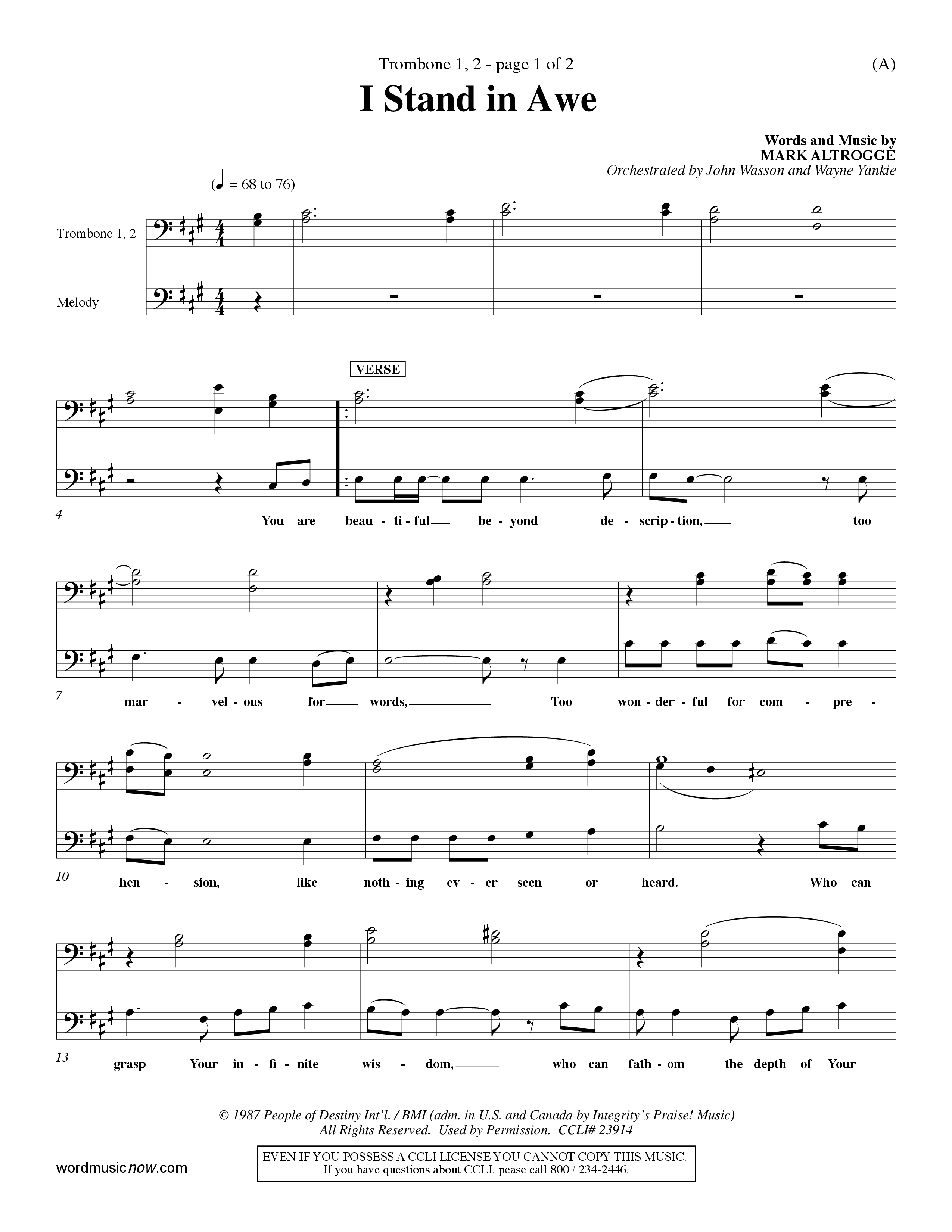 I Stand In Awe (Choral Anthem SATB) Trombone 1/2 (Word Music Choral / Orch. John Wasson / Orch. Wayne Yankie)
