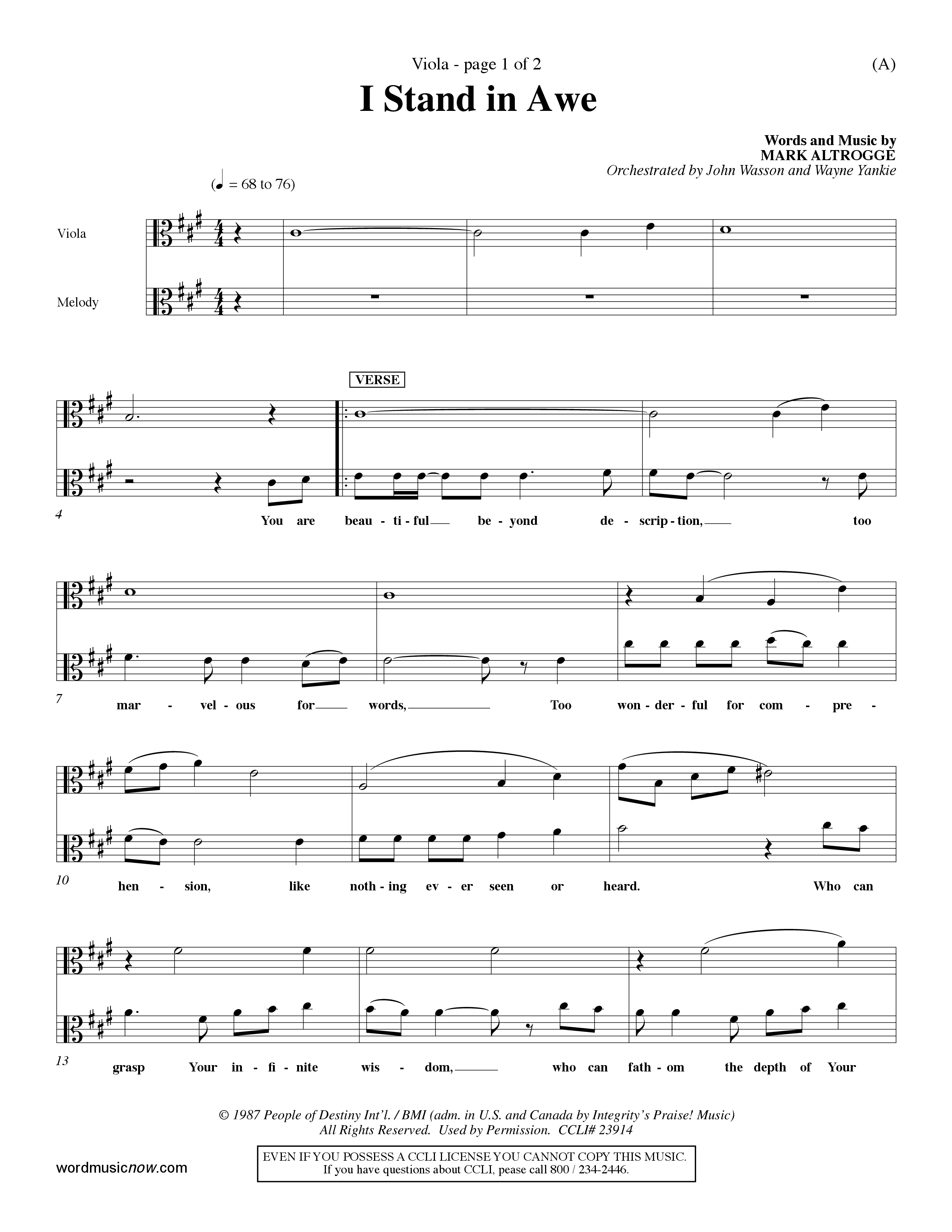 I Stand In Awe (Choral Anthem SATB) Viola (Word Music Choral / Orch. John Wasson / Orch. Wayne Yankie)