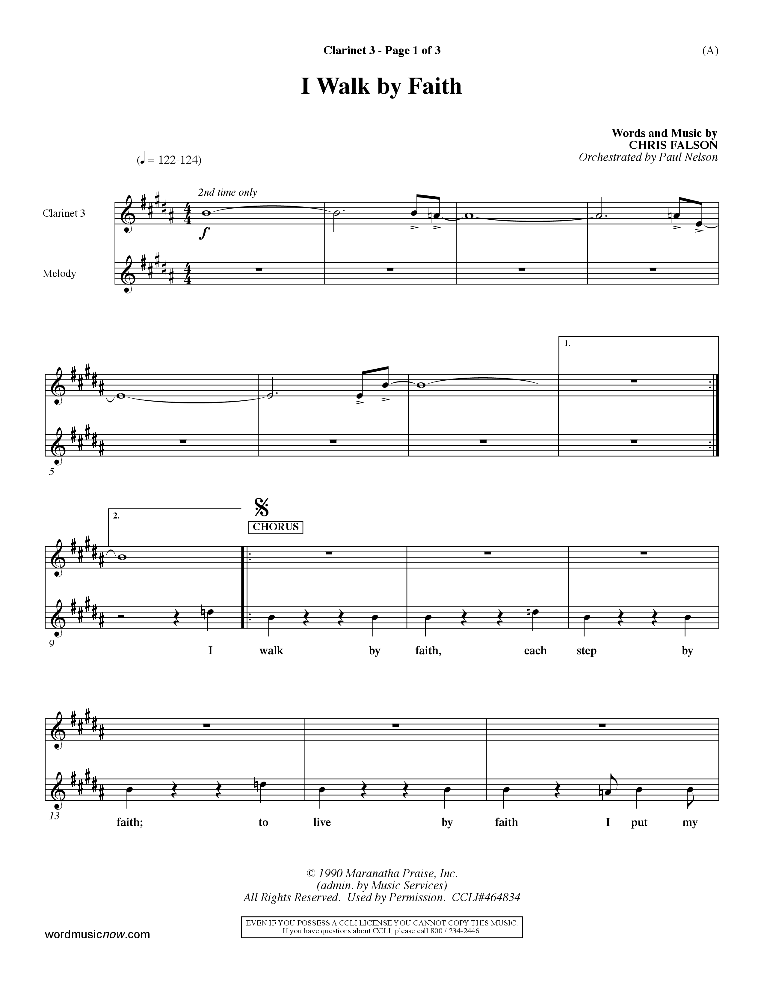 I Walk By Faith (Choral Anthem SATB) Clarinet 3 (Word Music Choral / Orch. Paul Nelson)