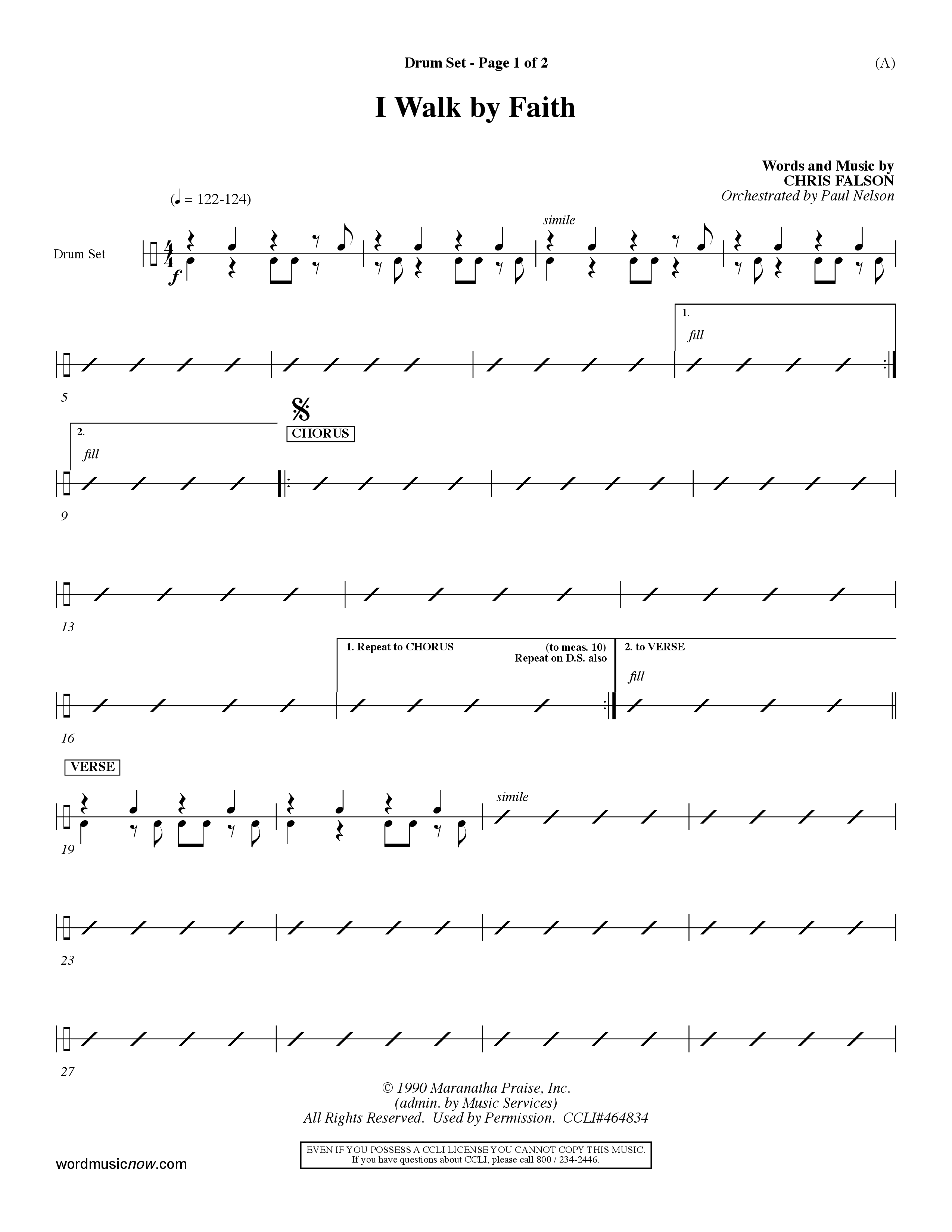 I Walk By Faith (Choral Anthem SATB) Drum Set (Word Music Choral / Orch. Paul Nelson)
