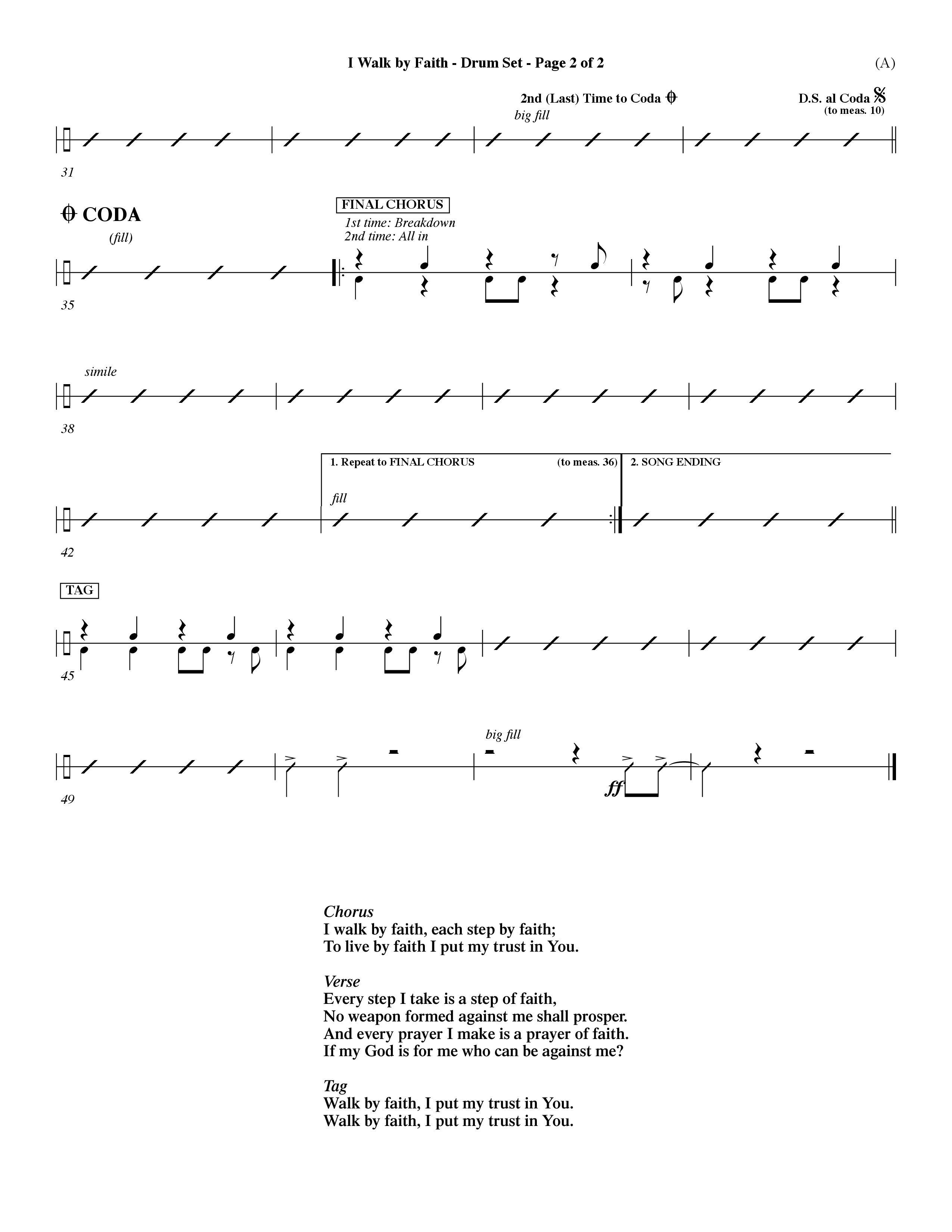 I Walk By Faith (Choral Anthem SATB) Drum Set (Word Music Choral / Orch. Paul Nelson)