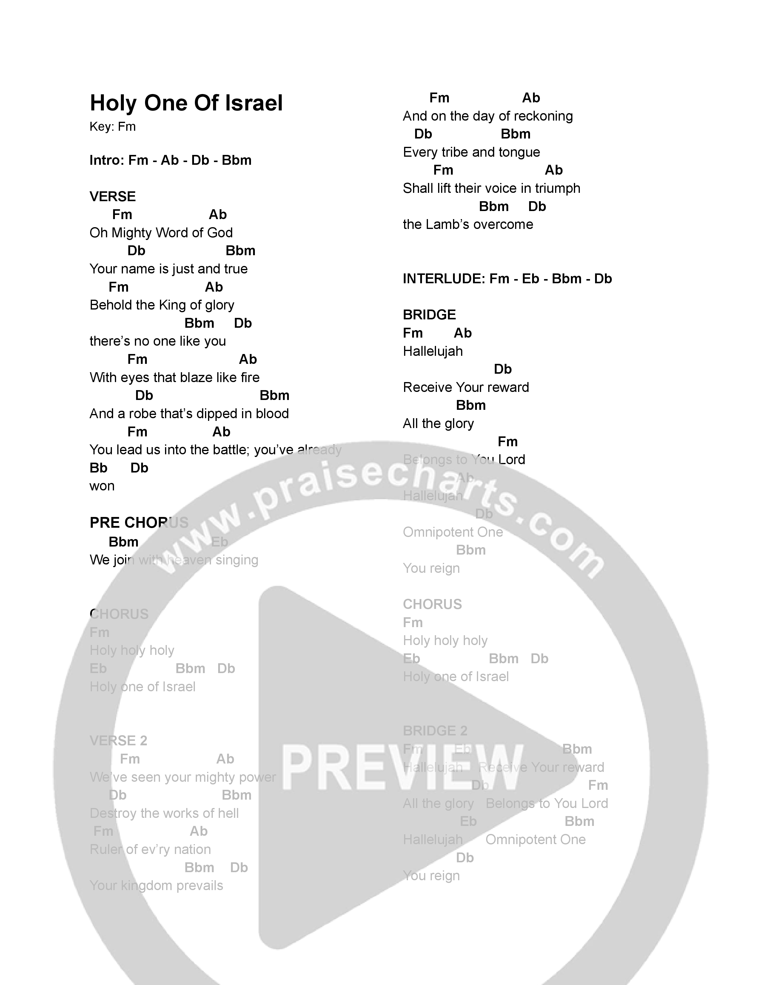 Holy One Of Israel Chord Chart (North Palm Worship / Deborah Hong)