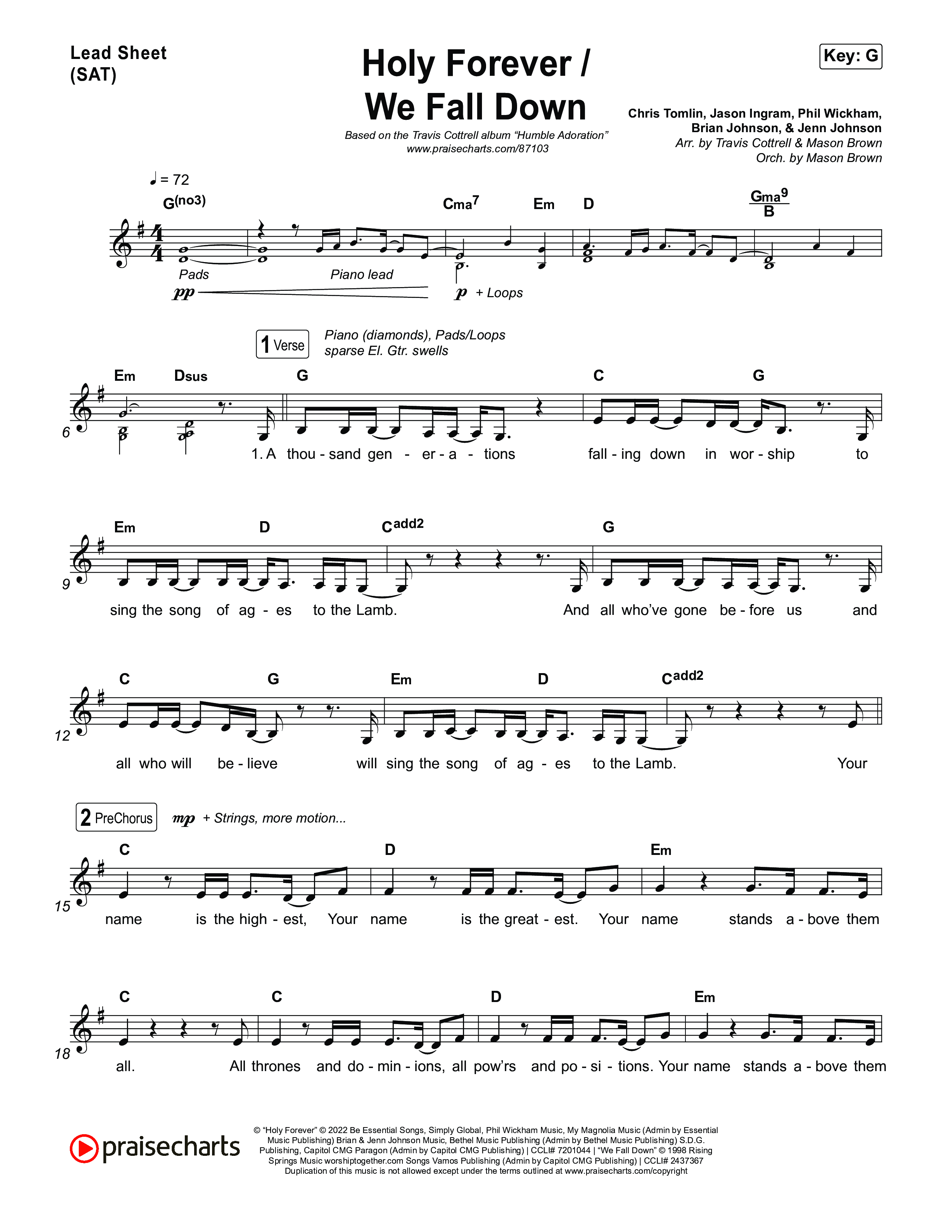 Holy Forever / We Fall Down (Choral/SATB) Lead Sheet (SAT) (Travis Cottrell / Skye Reedy / Arr. Mason Brown)