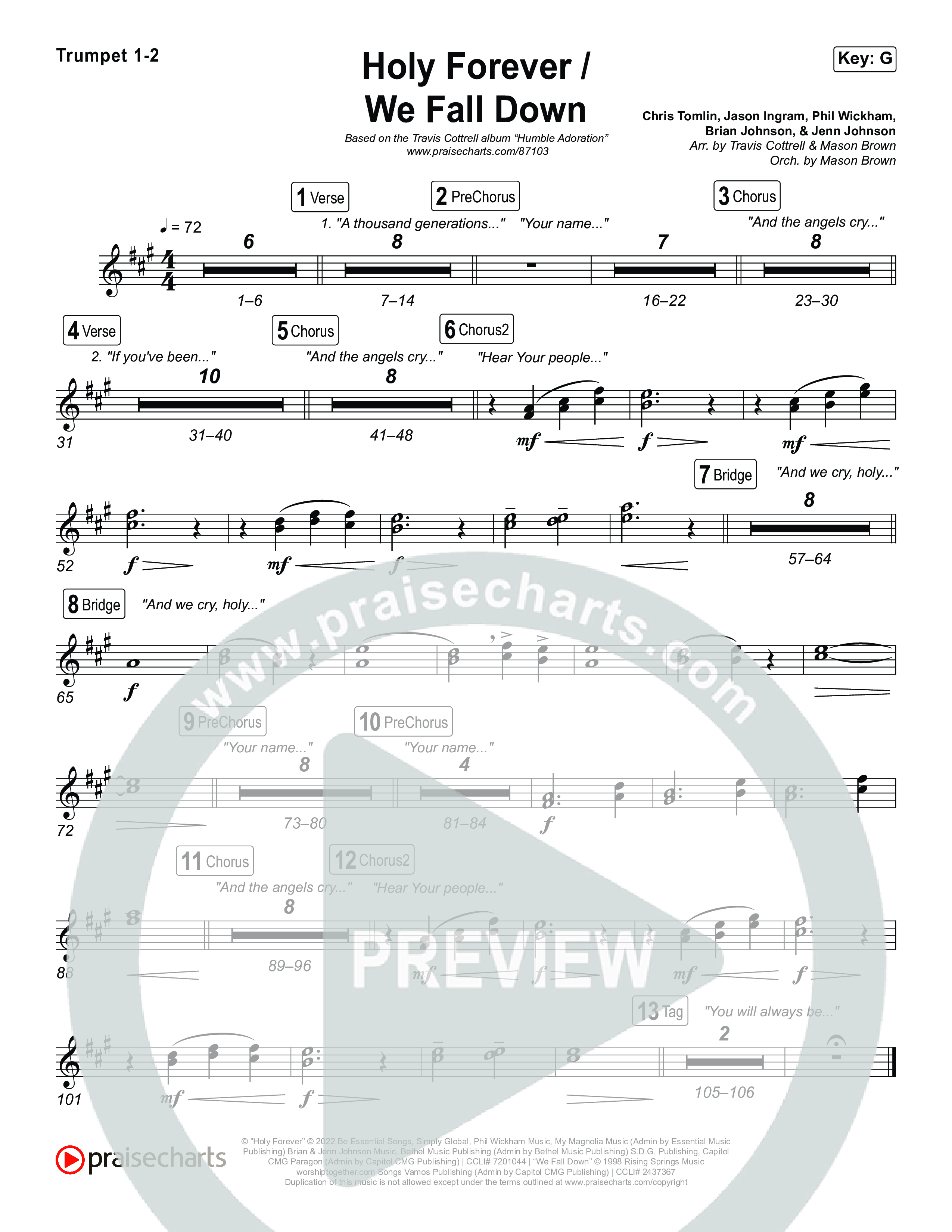 Holy Forever / We Fall Down (Choral/SATB) Trumpet 1,2 (Travis Cottrell / Skye Reedy / Arr. Mason Brown)