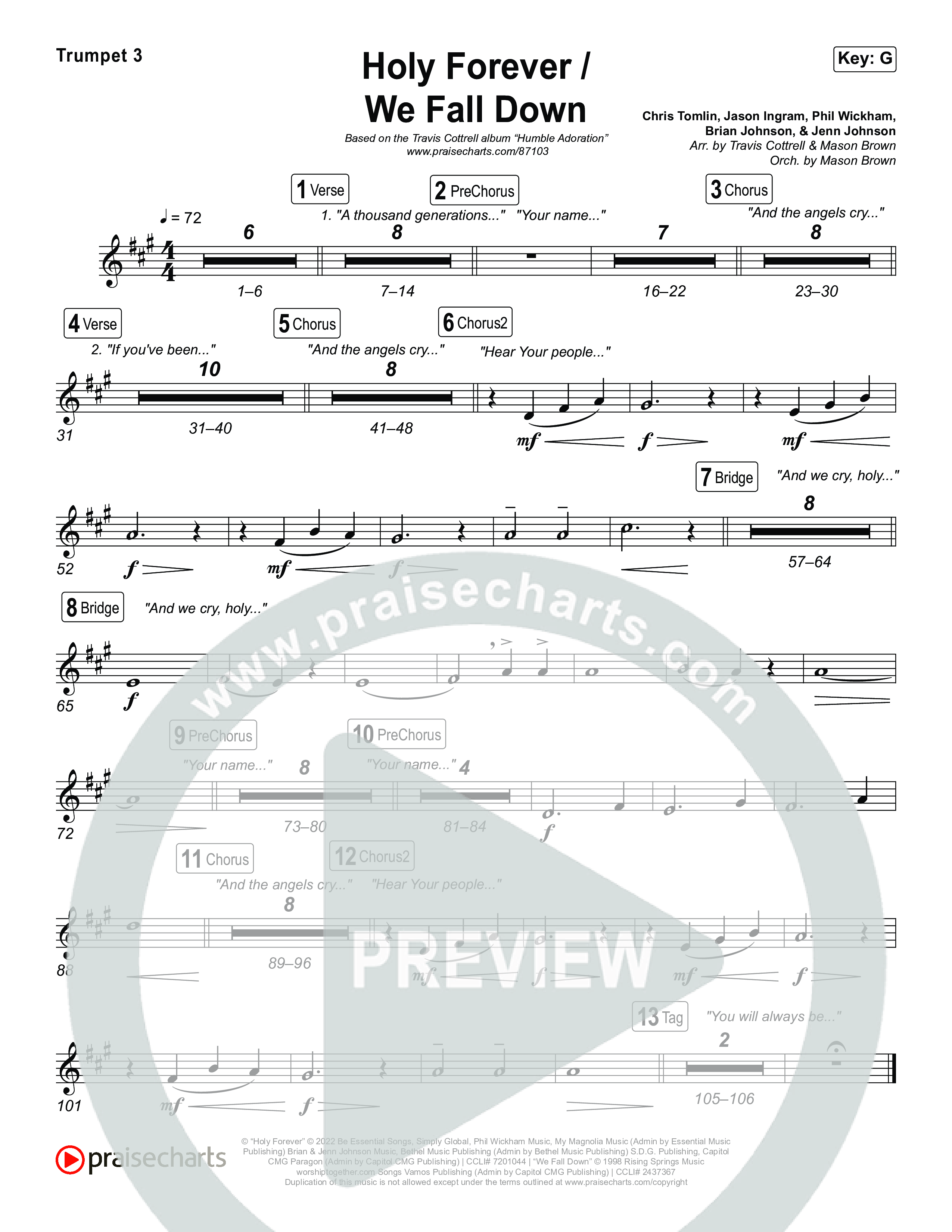 Holy Forever / We Fall Down (Choral/SATB) Trumpet 3 (Travis Cottrell / Skye Reedy / Arr. Mason Brown)