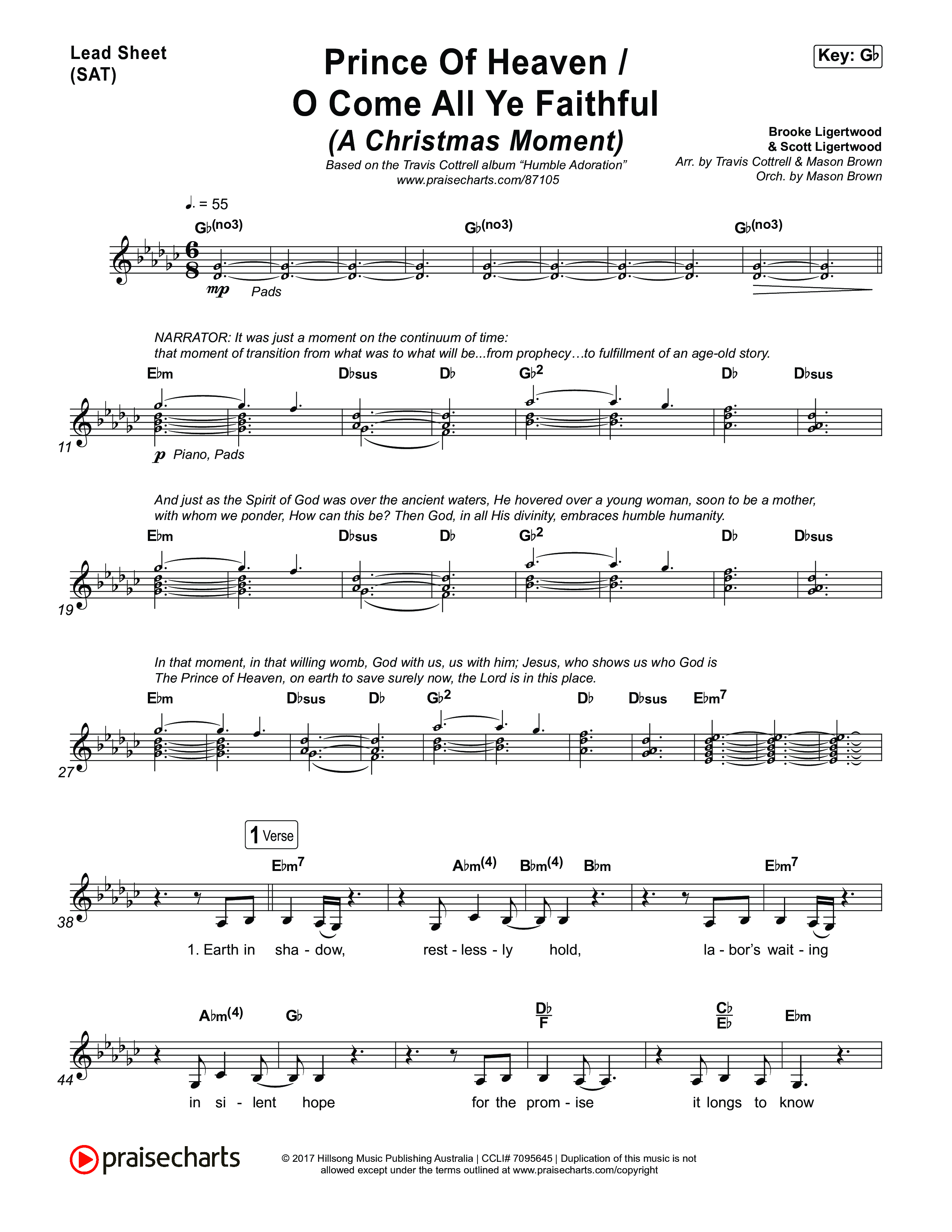 Prince Of Heaven (A Christmas Worship Moment) (Choral/SATB) Lead Sheet (SAT) (Cheryl Stark / Arr. Travis Cottrell / Arr. Mason Brown)