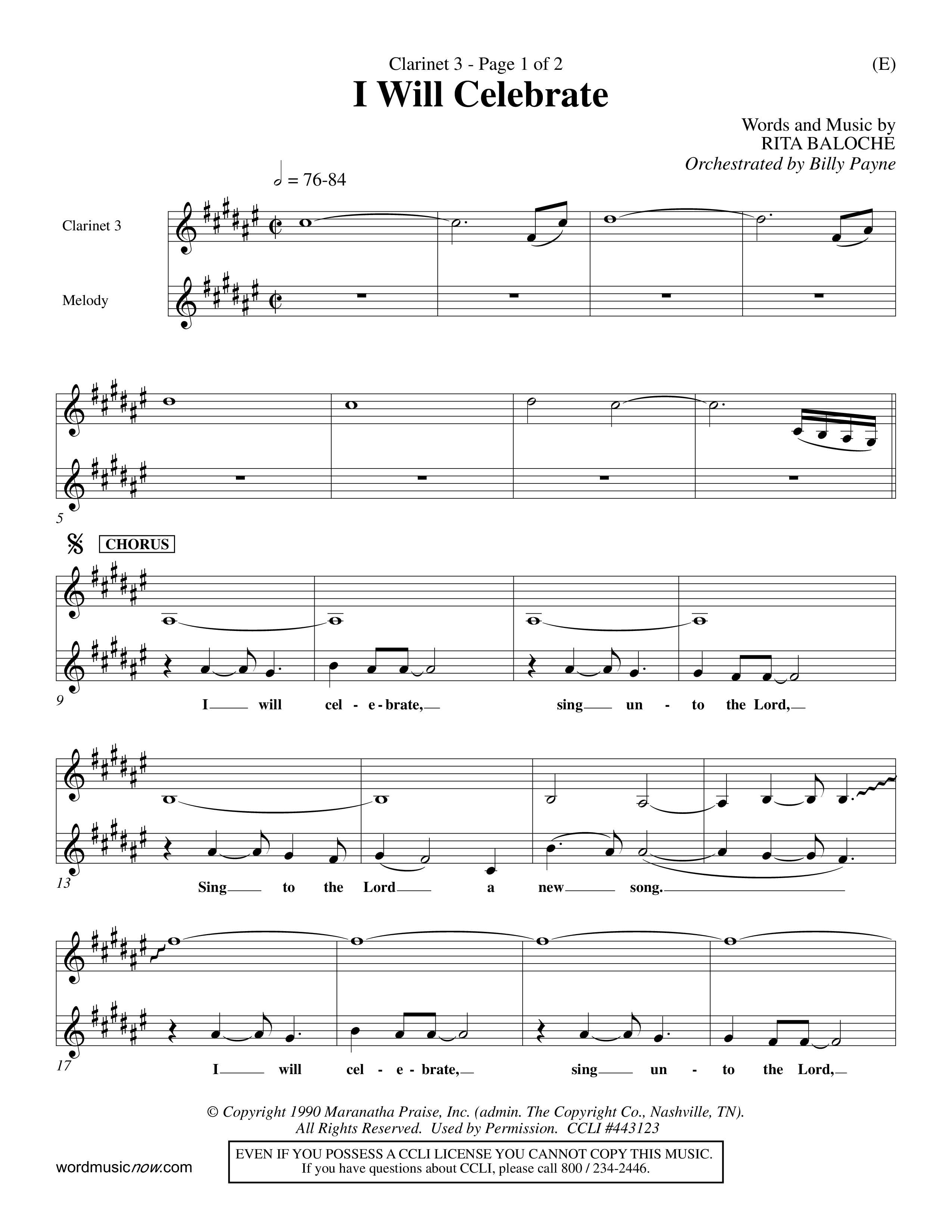 I Will Celebrate (Choral Anthem SATB) Clarinet 3 (Word Music Choral / Orch. Billy Payne)