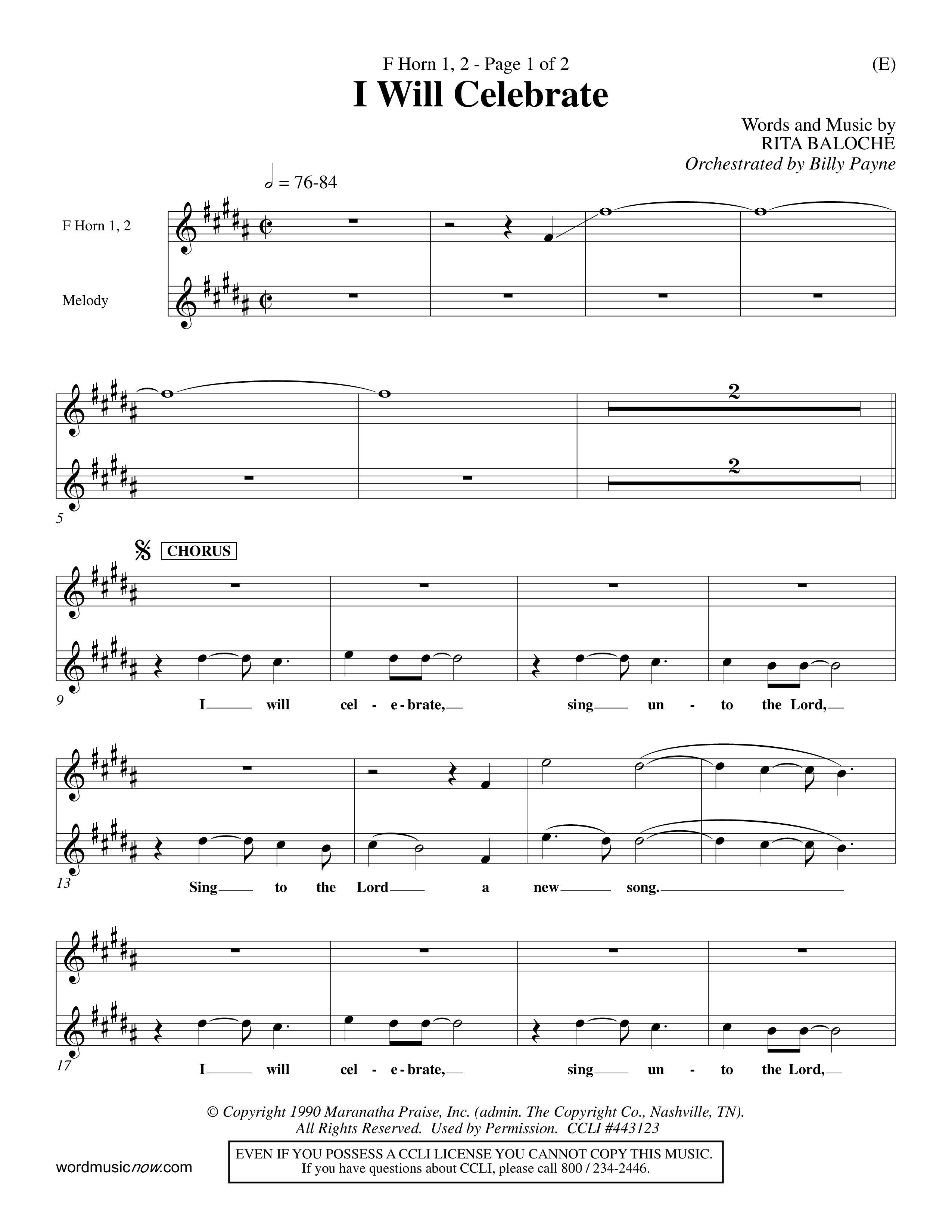 I Will Celebrate (Choral Anthem SATB) French Horn (Word Music Choral / Orch. Billy Payne)