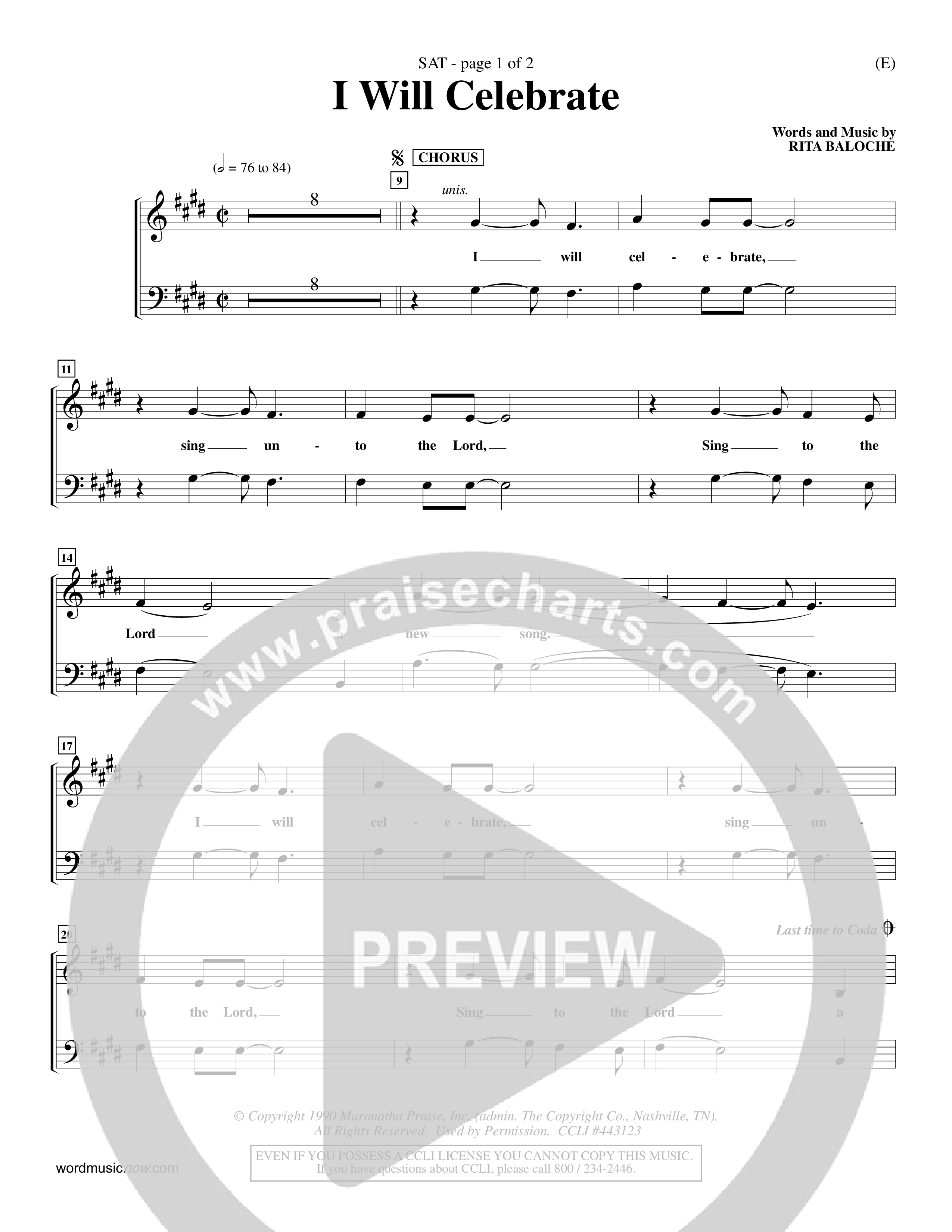 I Will Celebrate (Choral Anthem SATB) Lead Sheet (SAT) (Word Music Choral / Orch. Billy Payne)