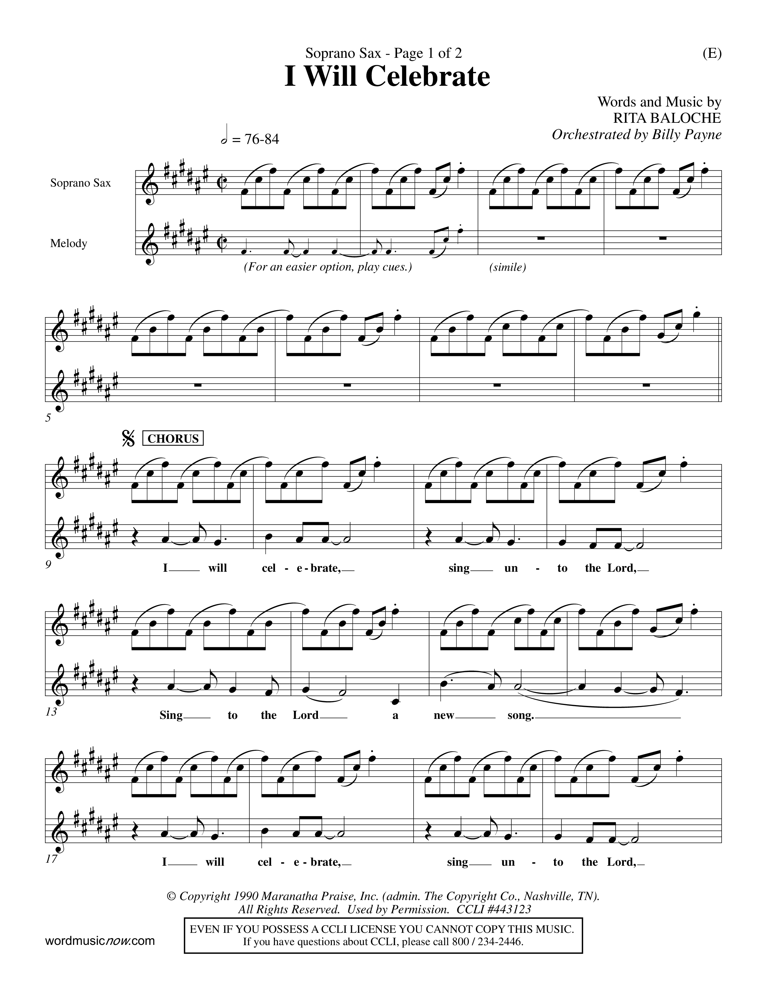 I Will Celebrate (Choral Anthem SATB) Saxophone (Word Music Choral / Orch. Billy Payne)