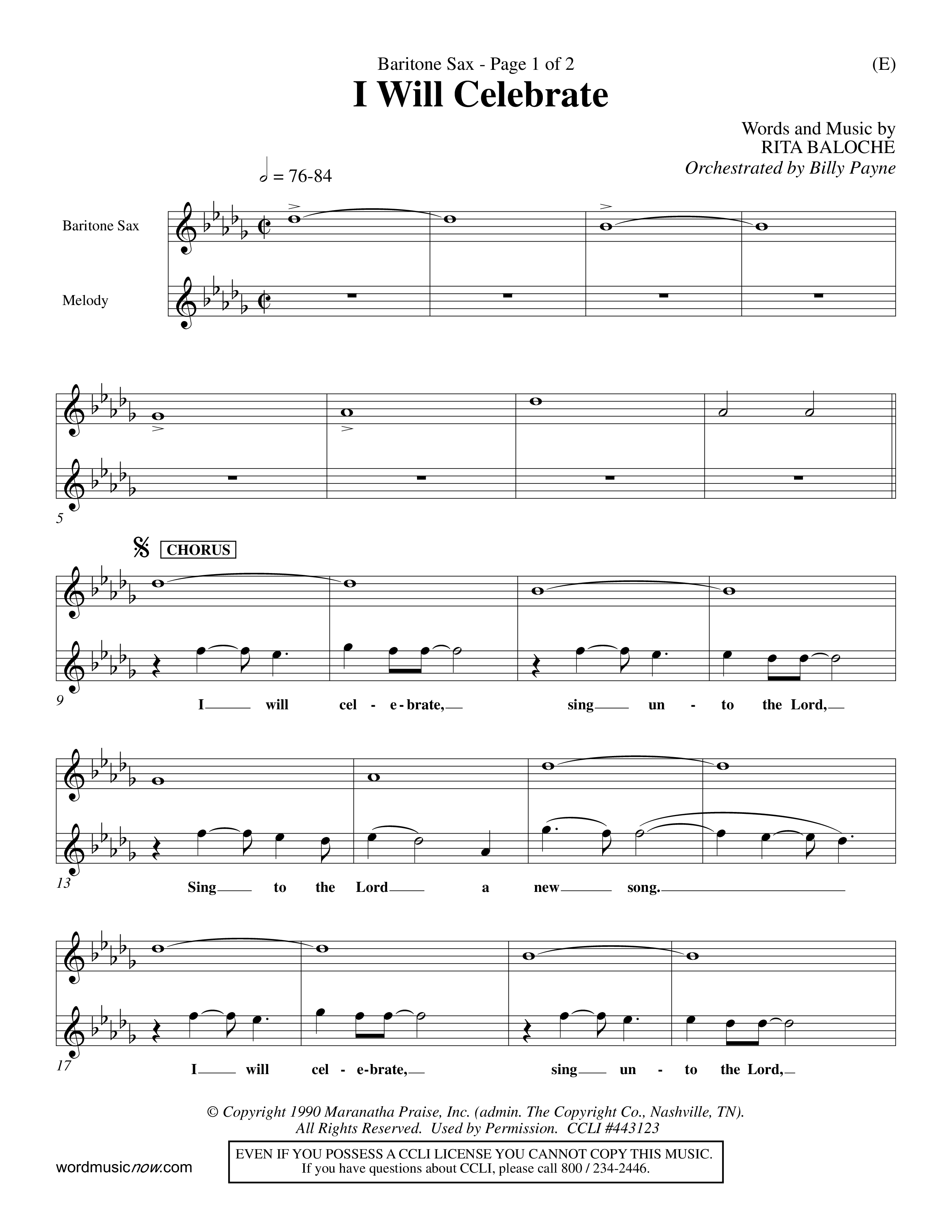 I Will Celebrate (Choral Anthem SATB) Saxophone (Word Music Choral / Orch. Billy Payne)