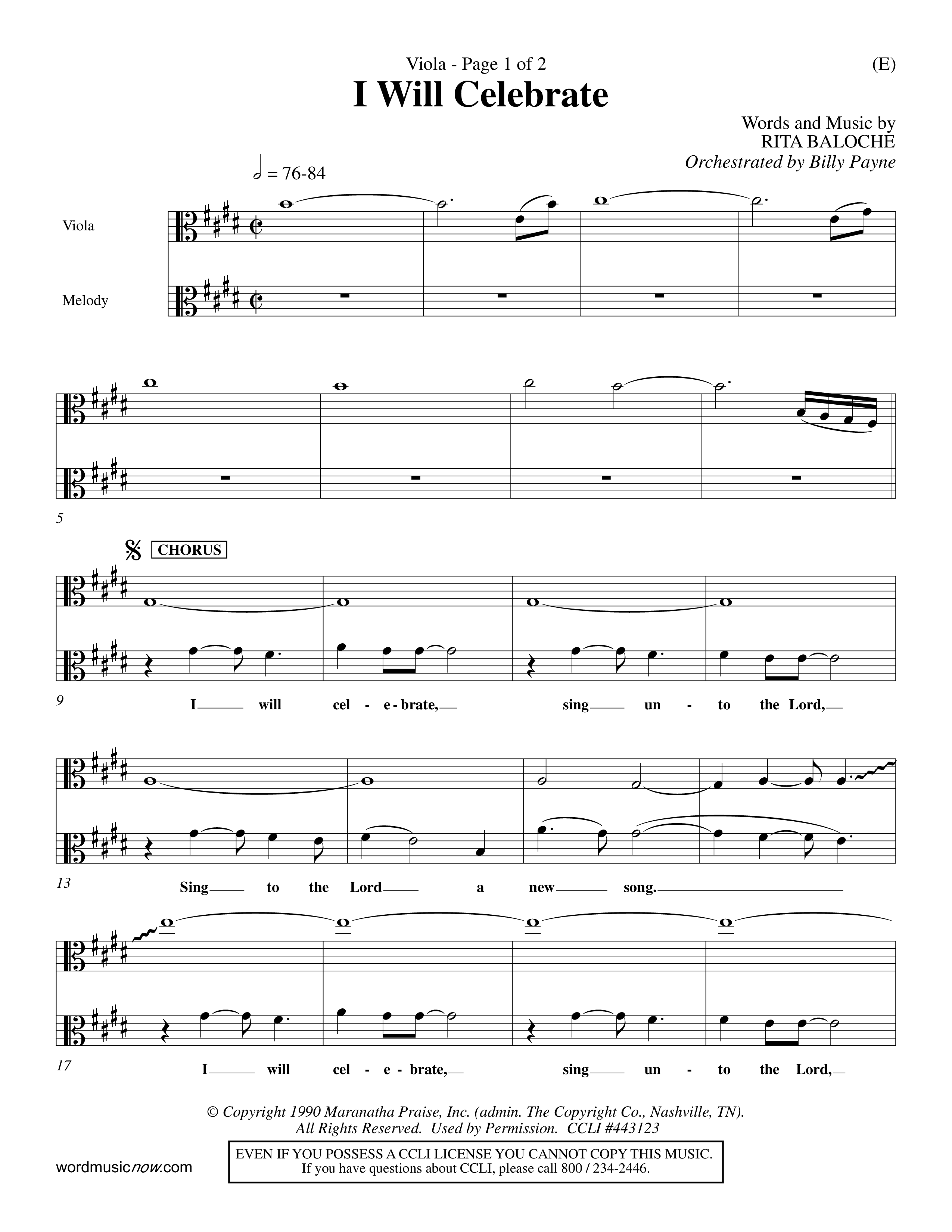 I Will Celebrate (Choral Anthem SATB) Viola (Word Music Choral / Orch. Billy Payne)