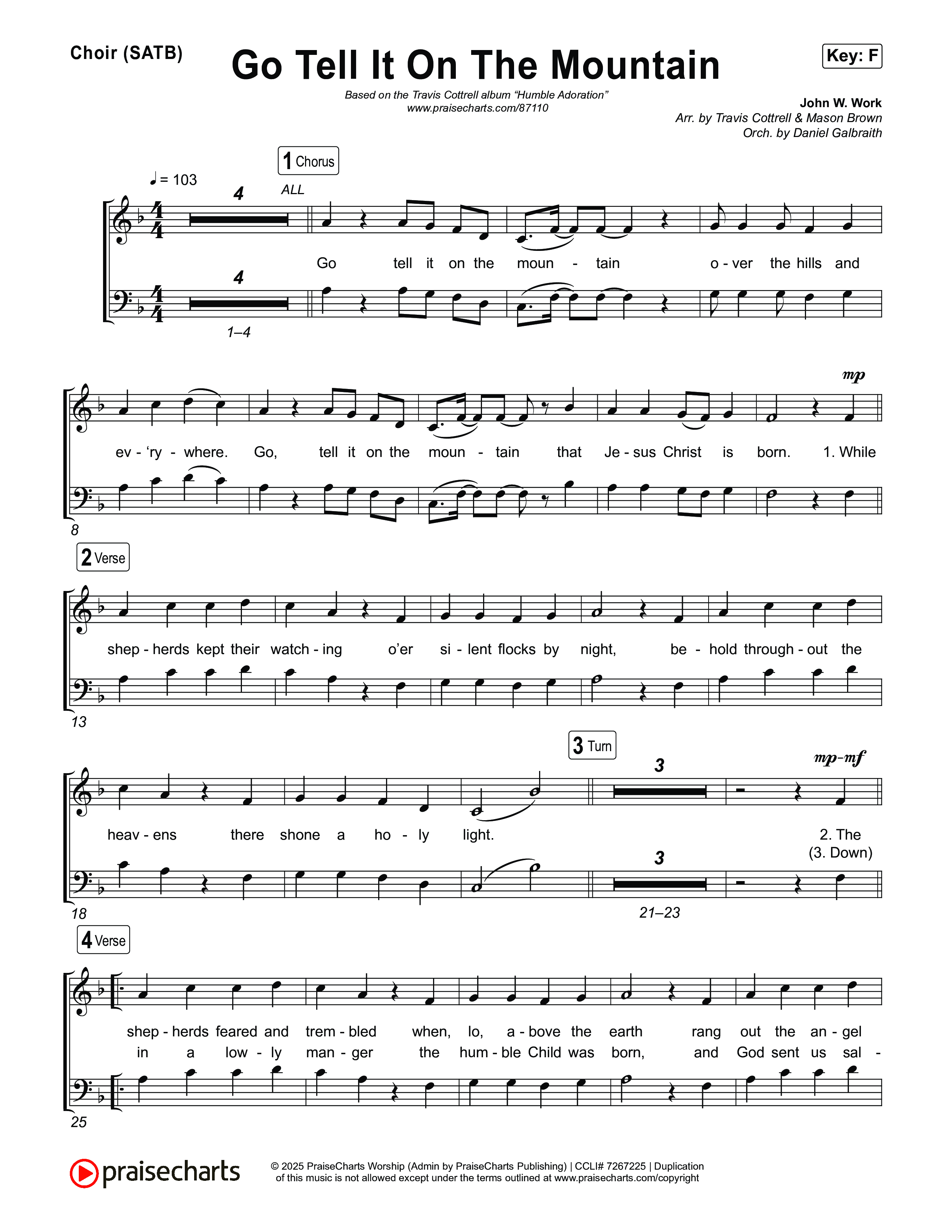 Go Tell It On The Mountain (Choral/SATB) Choir Sheet (SATB) (Travis Cottrell / Arr. Mason Brown / Orch. Daniel Galbraith)