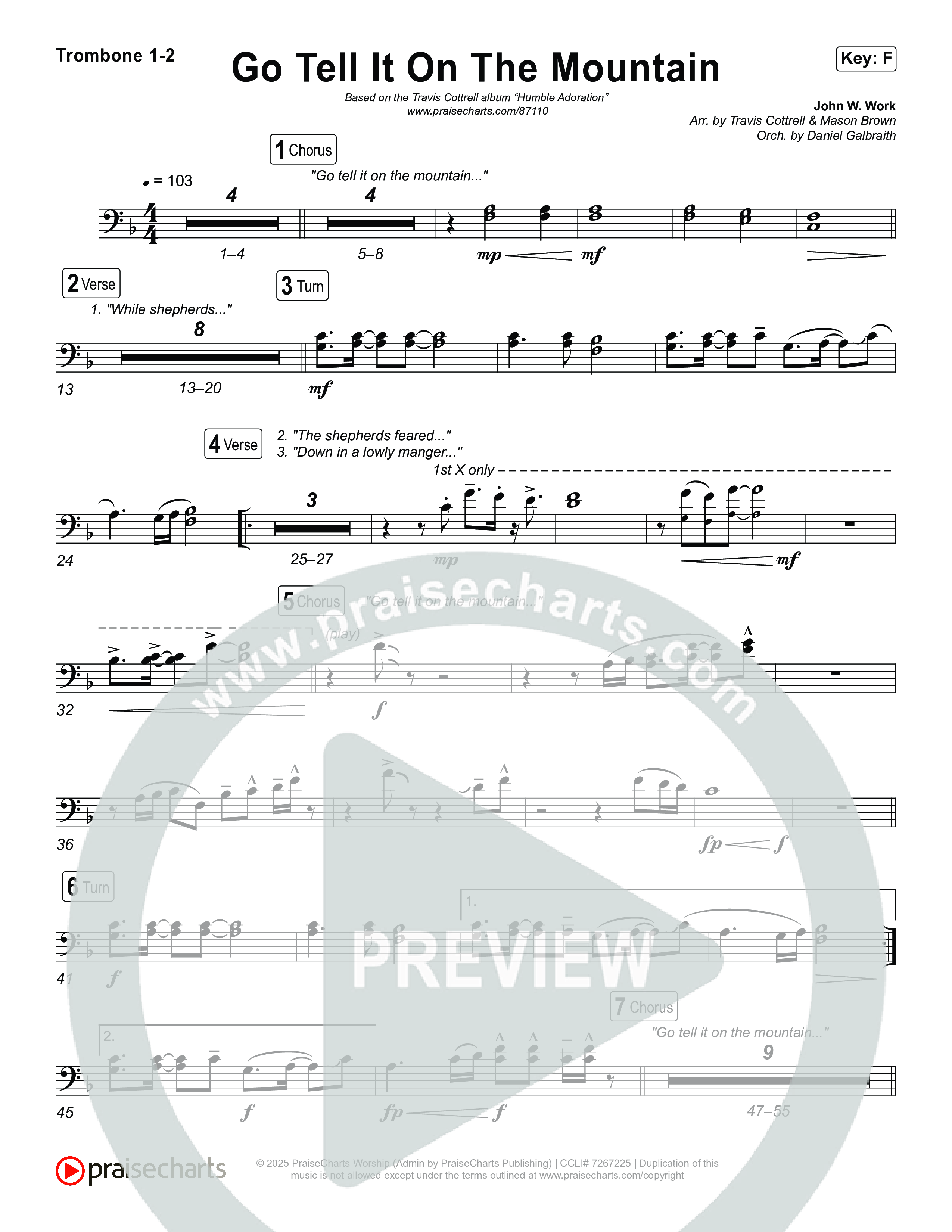 Go Tell It On The Mountain (Choral/SATB) Trombone 1,2 (Travis Cottrell / Arr. Mason Brown / Orch. Daniel Galbraith)