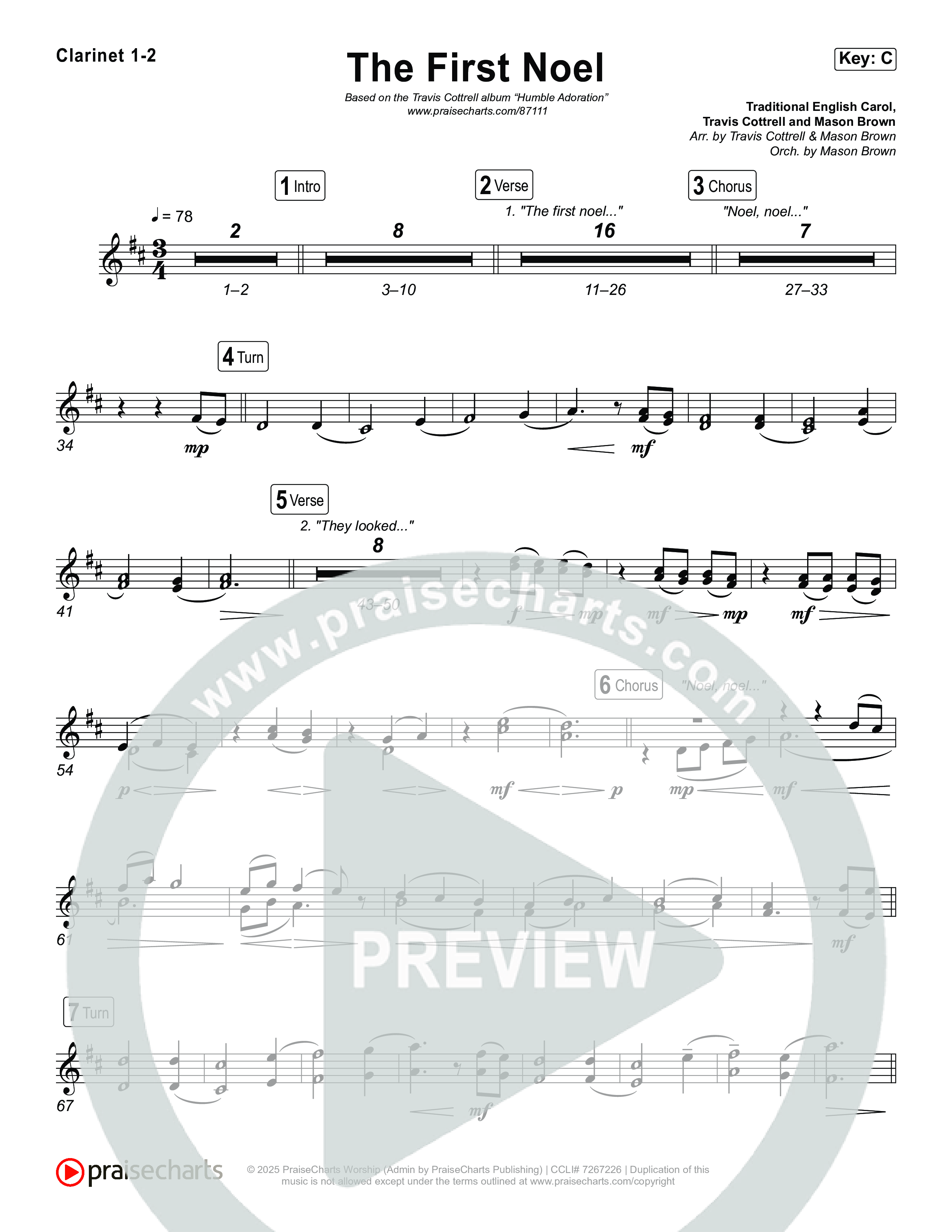 The First Noel (Choral/SATB) Clarinet 1,2 (Travis Cottrell / Arr. Mason Brown)