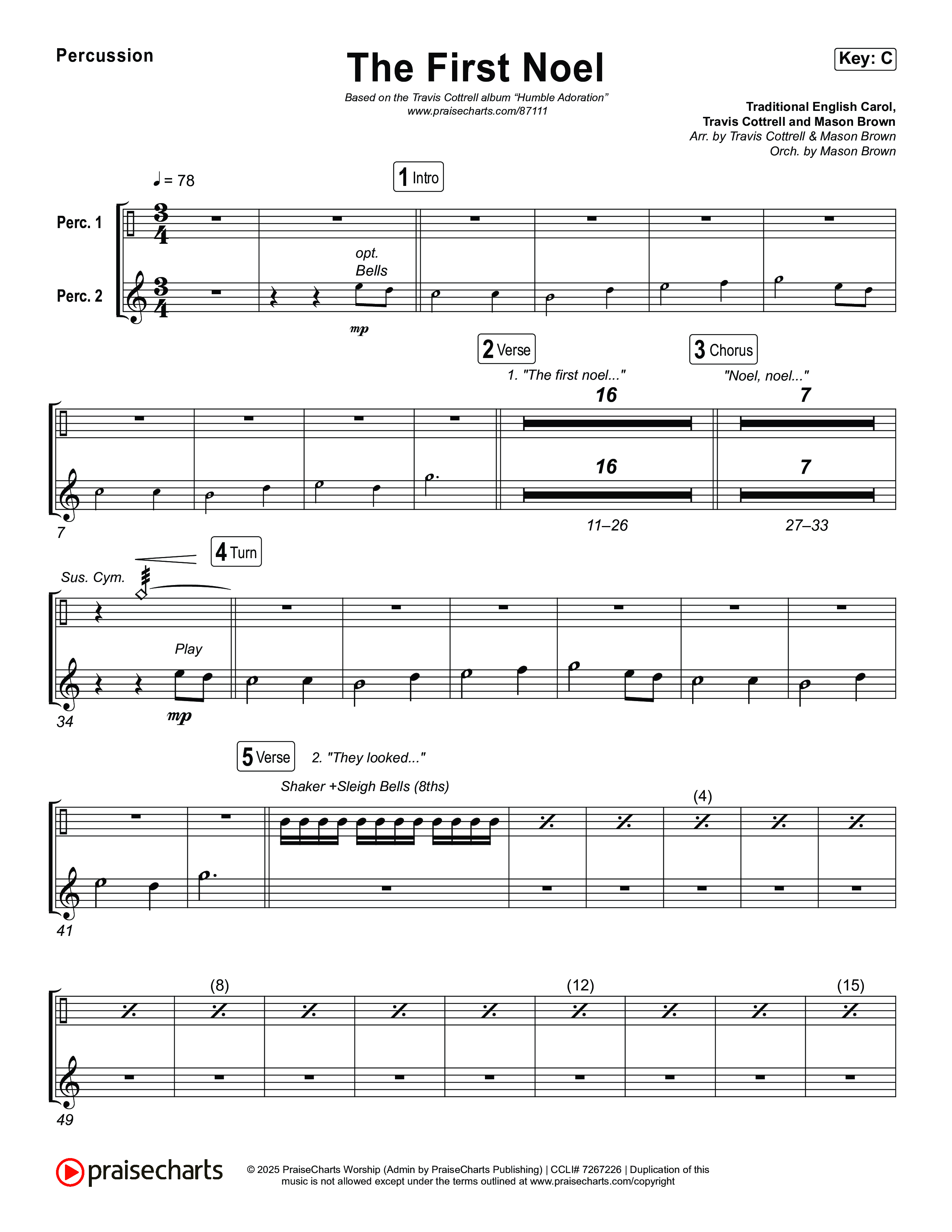 The First Noel (Choral/SATB) Percussion (Travis Cottrell / Arr. Mason Brown)
