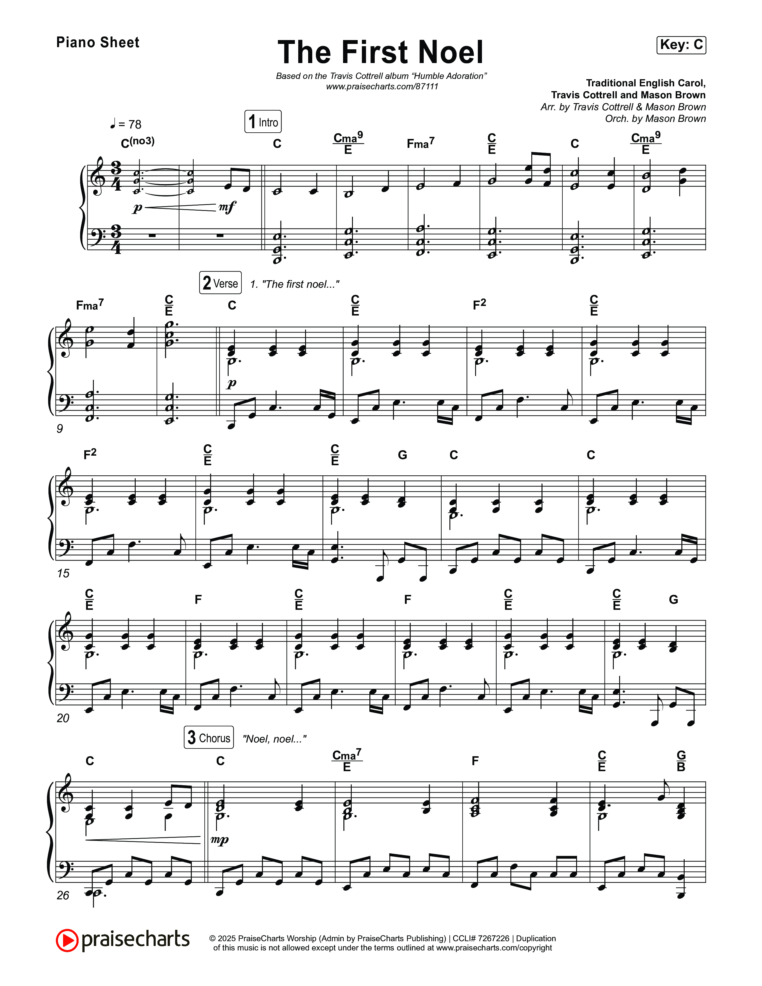 The First Noel (Choral/SATB) Piano Sheet (Travis Cottrell / Arr. Mason Brown)