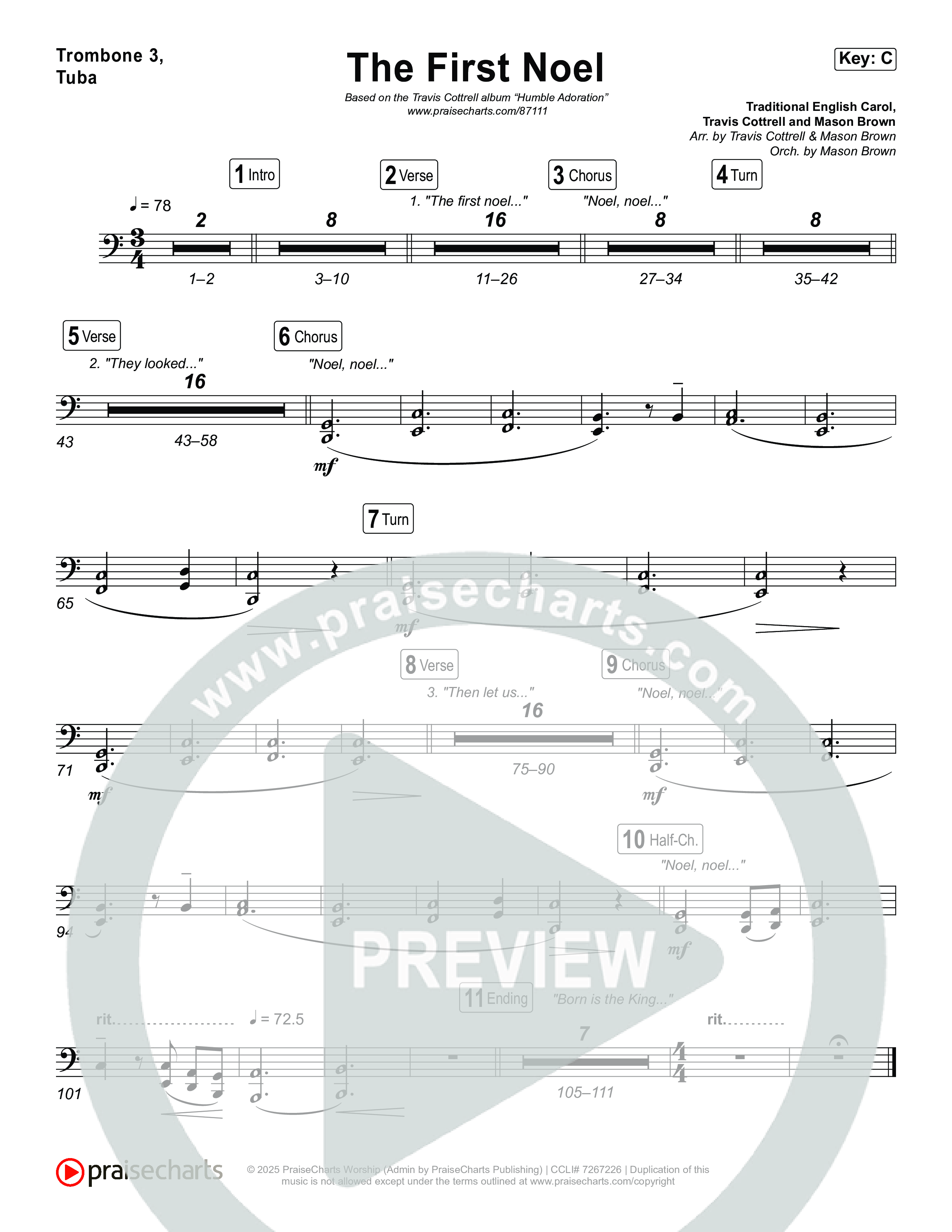 The First Noel (Choral/SATB) Trombone 3/Tuba (Travis Cottrell / Arr. Mason Brown)