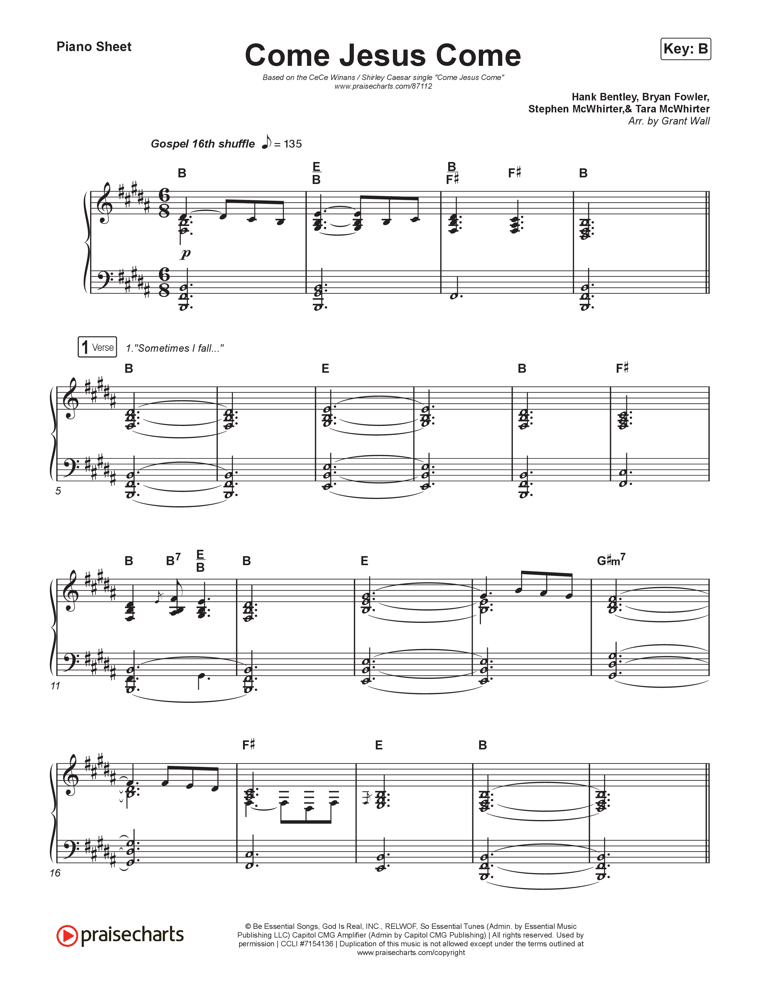 Come Jesus Come Piano Sheet (CeCe Winans / Shirley Caesar)