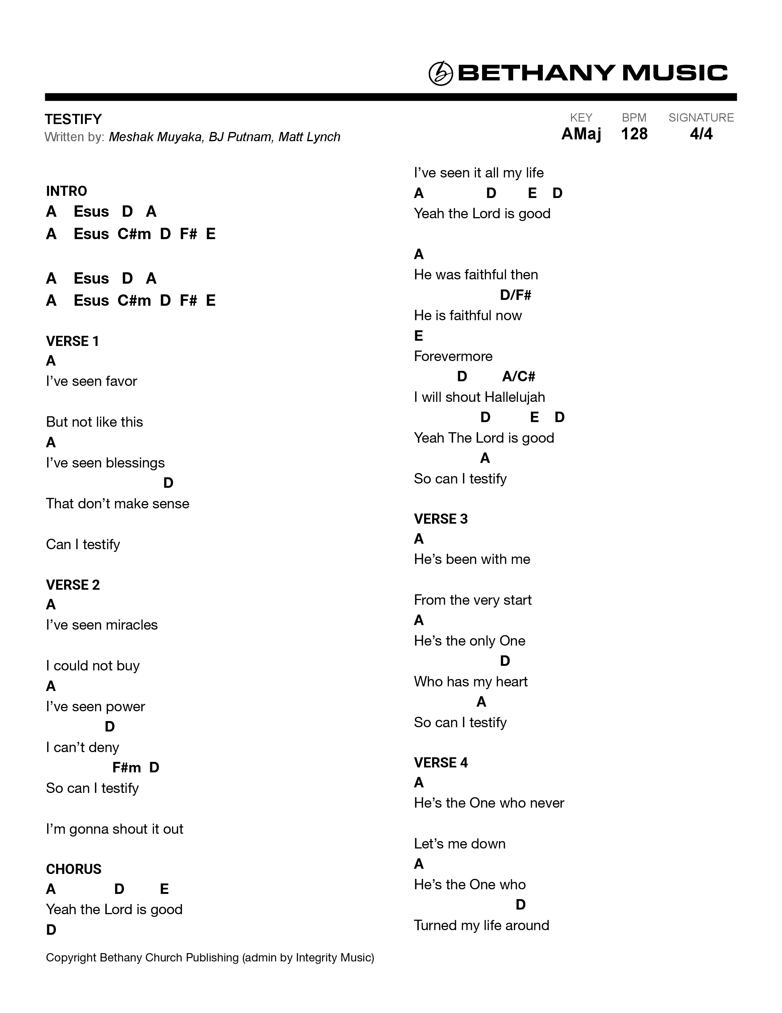 Testify (Live) Chord Chart (Bethany Music / BJ Putnam)