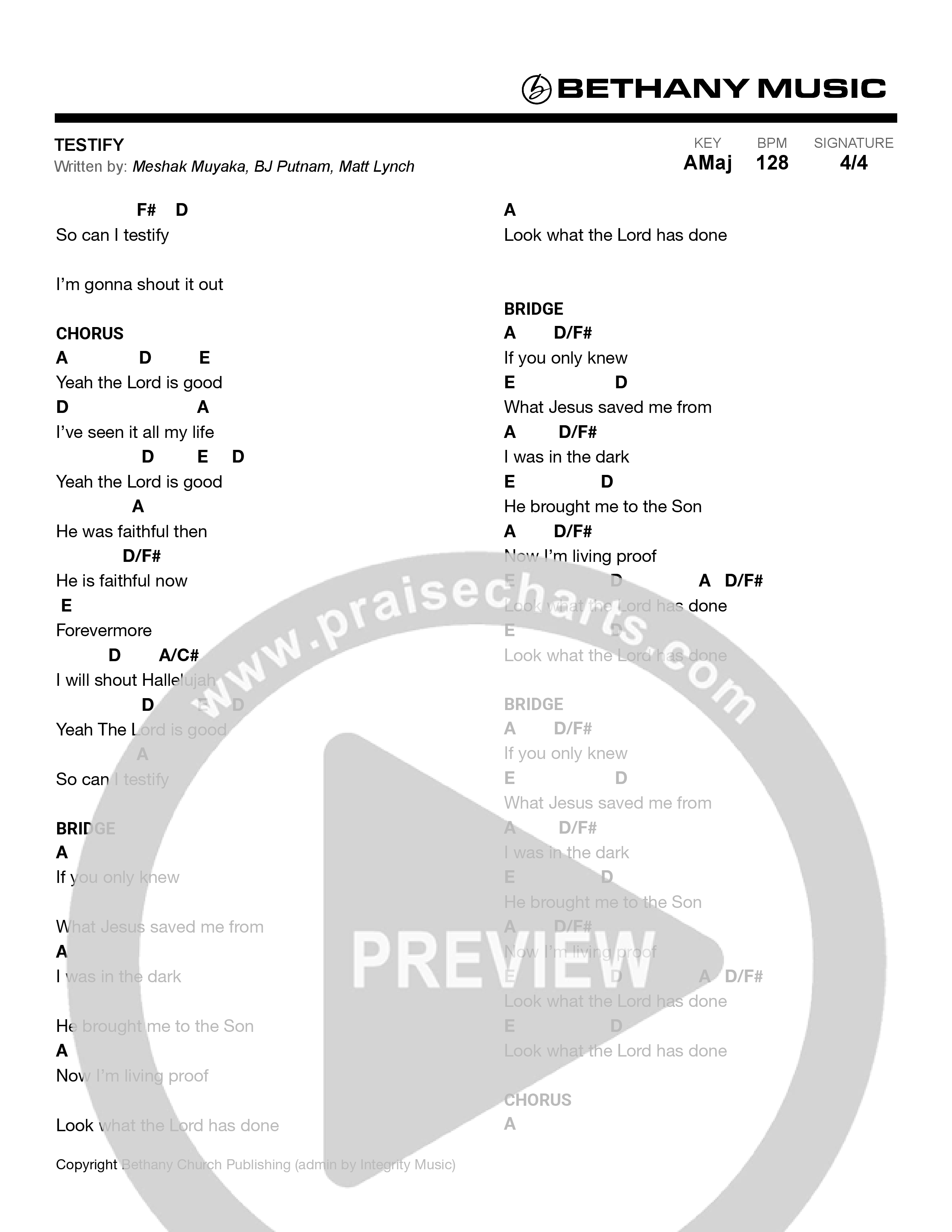 Testify (Live) Chord Chart (Bethany Music / BJ Putnam)