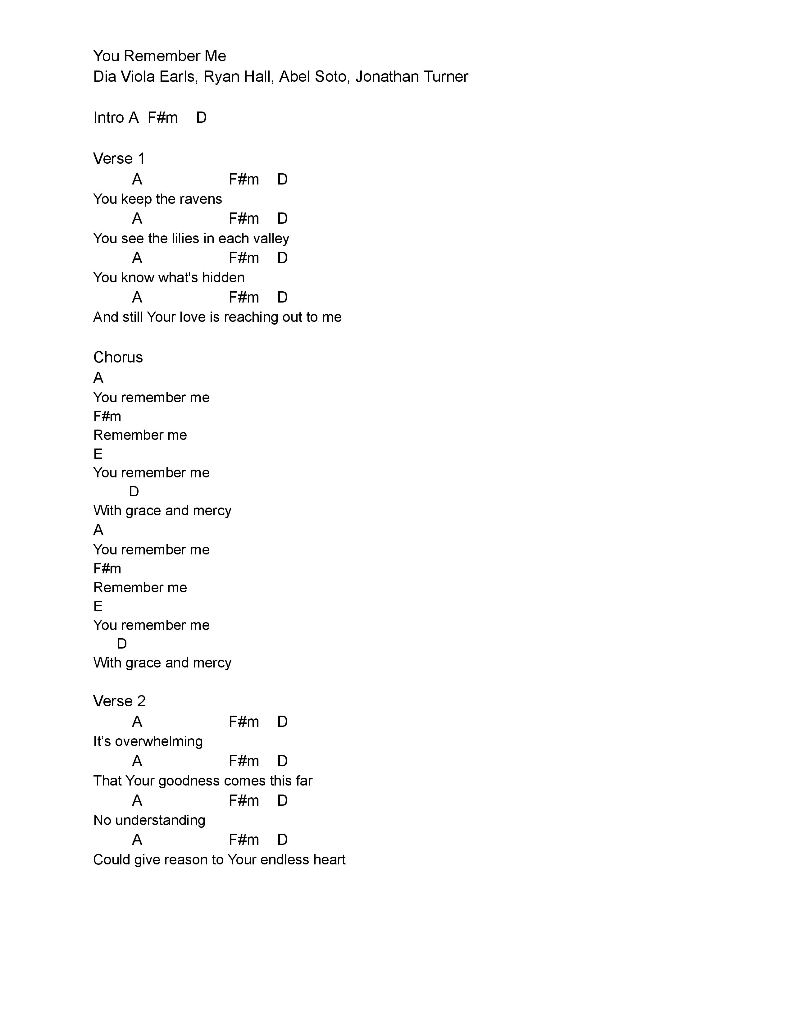 You Remember Me Chord Chart (Jonathan Turner)