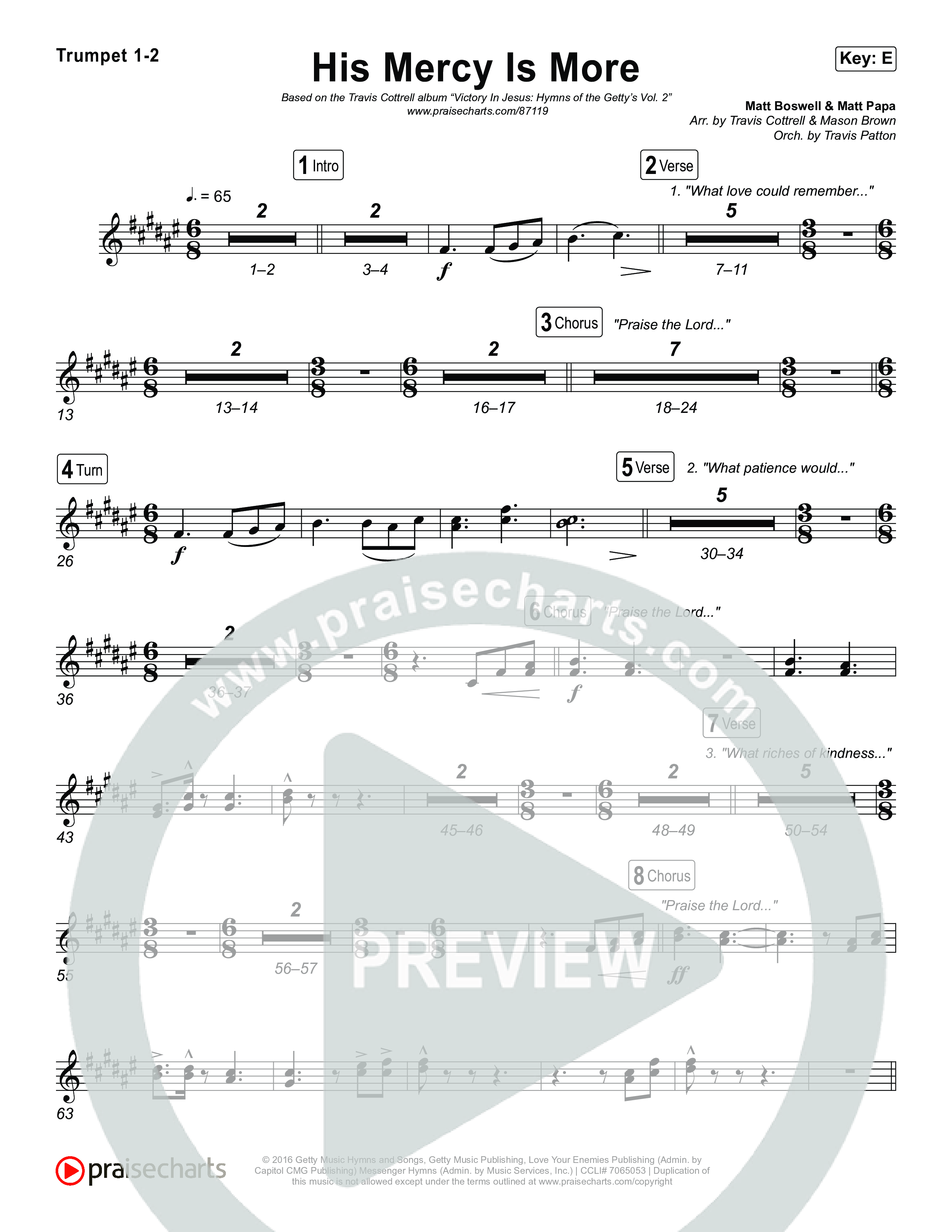 His Mercy Is More (Choral/SATB) Trumpet 1,2 (Travis Cottrell / Arr. Mason Brown / Orch. Travis Patton)