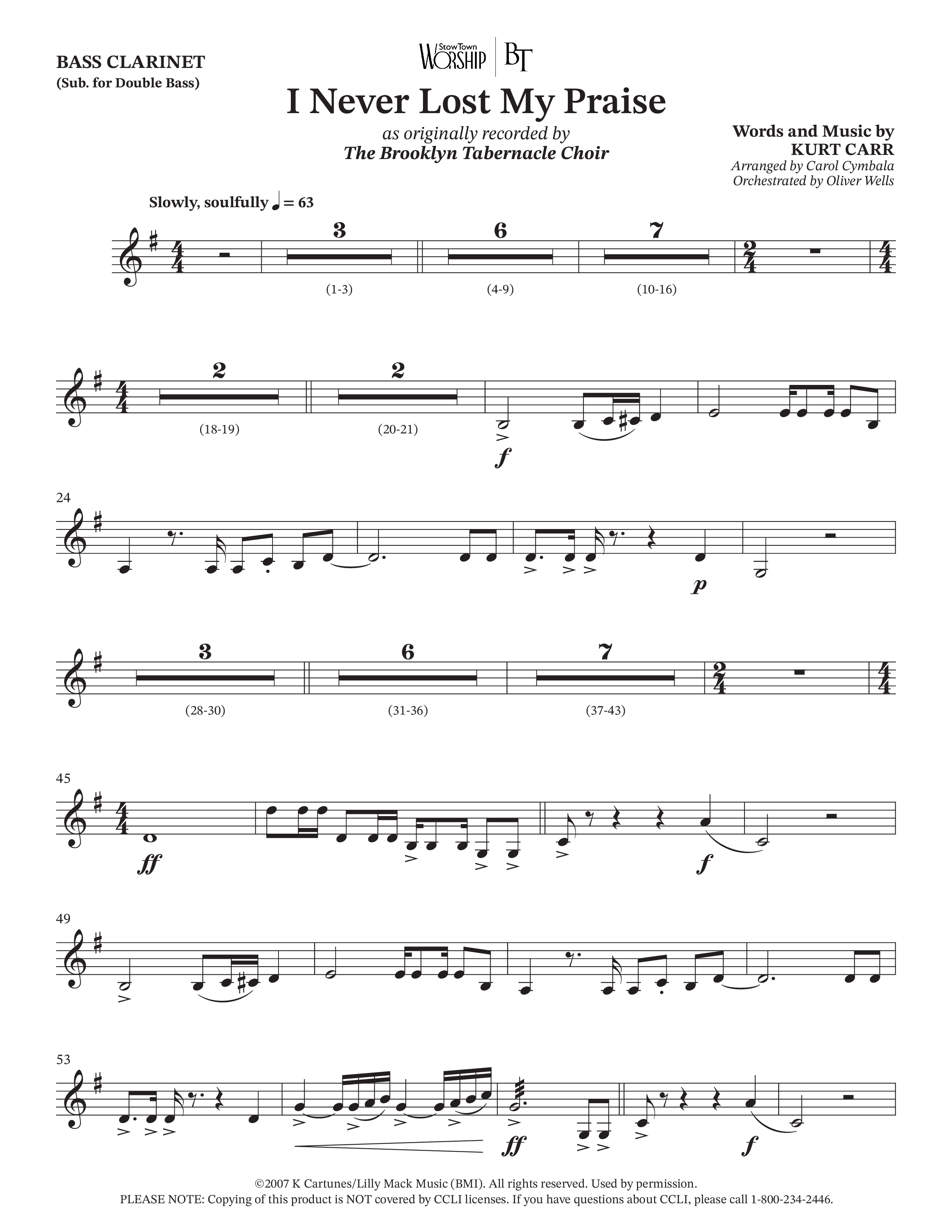 I Never Lost My Praise (Choral Anthem SATB) Bass Clarinet (The Brooklyn Tabernacle Choir / Arr. Carol Cymbala / Orch. Oliver Wells)