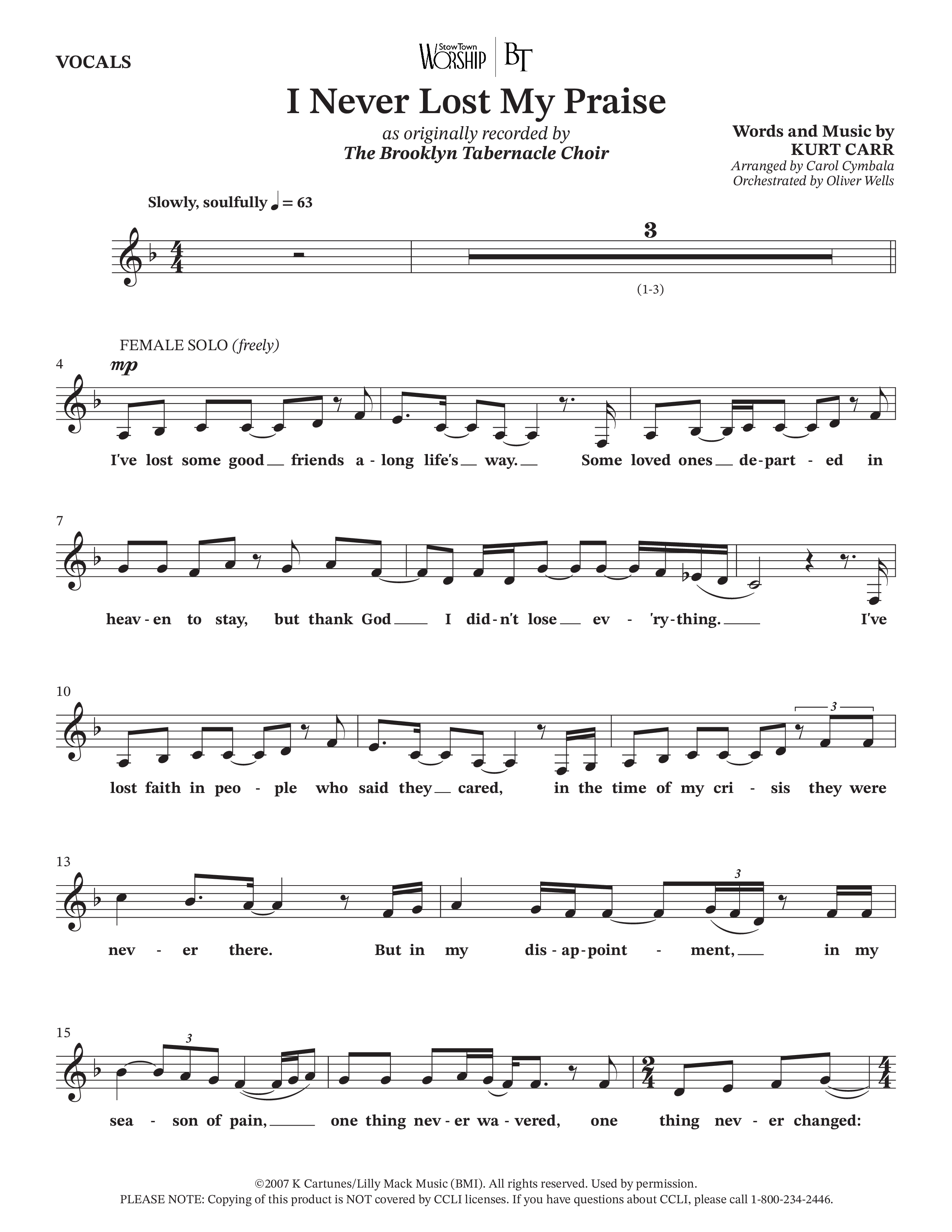 I Never Lost My Praise (Choral Anthem SATB) Choir Sheet (SATB) (The Brooklyn Tabernacle Choir / Arr. Carol Cymbala / Orch. Oliver Wells)