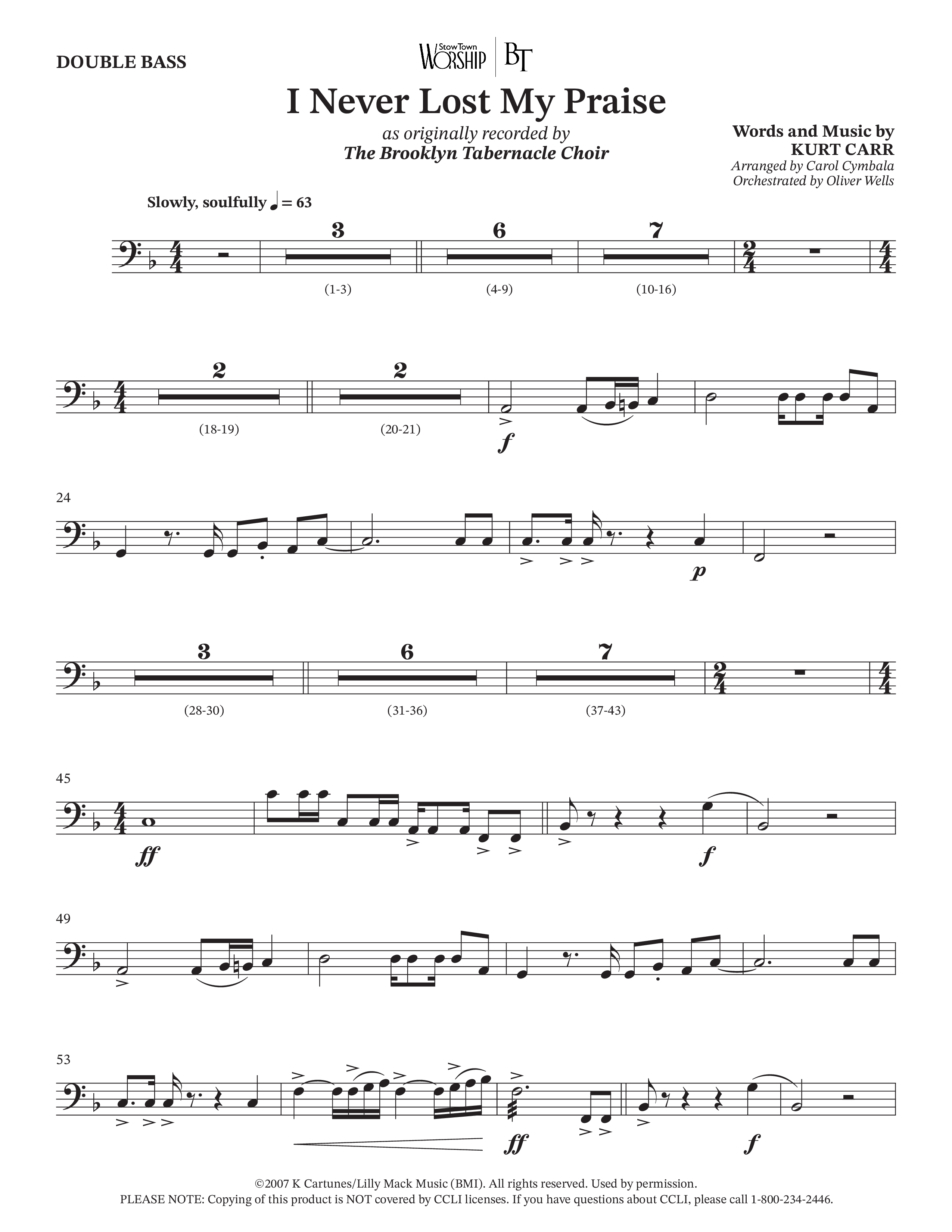 I Never Lost My Praise (Choral Anthem SATB) Double Bass (The Brooklyn Tabernacle Choir / Arr. Carol Cymbala / Orch. Oliver Wells)