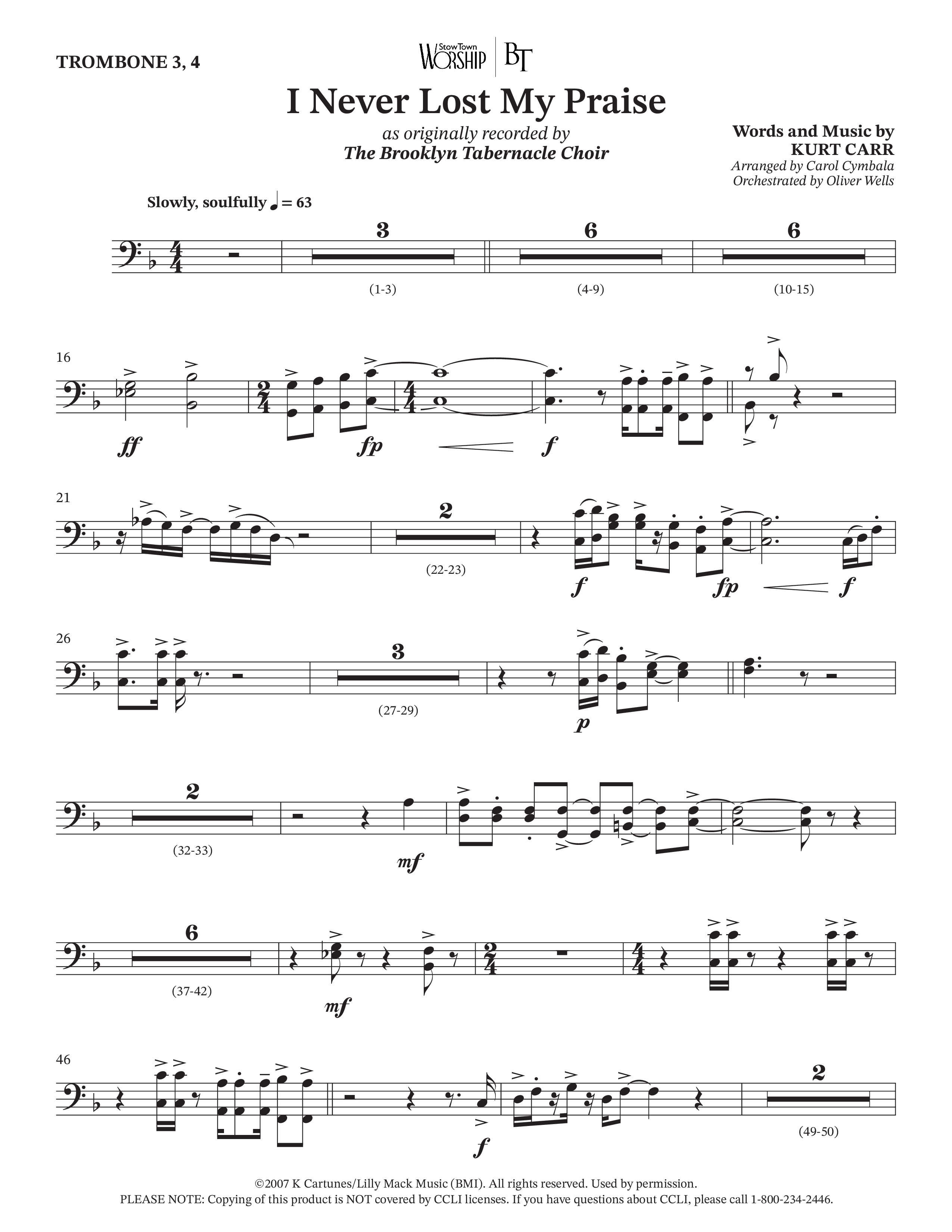 I Never Lost My Praise (Choral Anthem SATB) Trombone 3/4 (The Brooklyn Tabernacle Choir / Arr. Carol Cymbala / Orch. Oliver Wells)