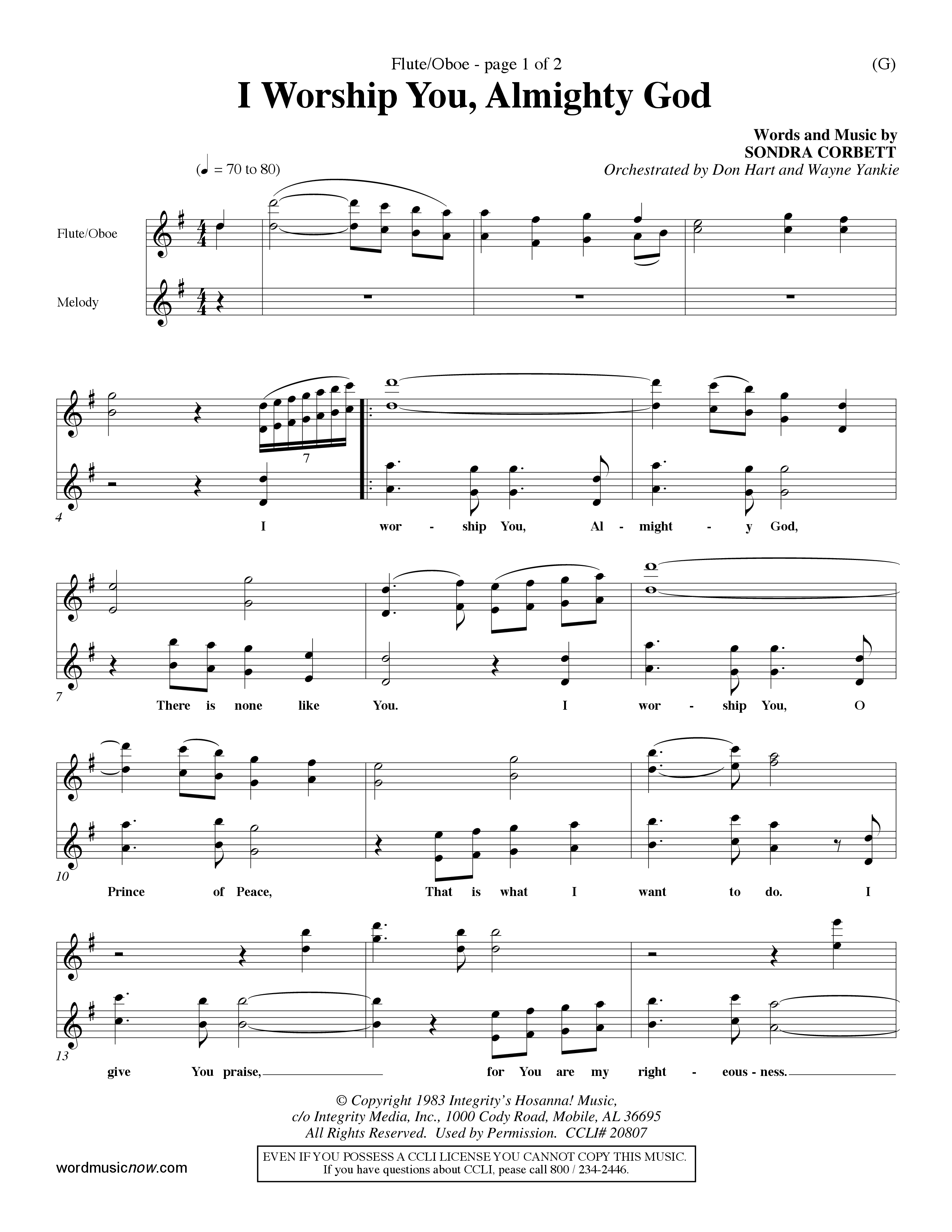 I Worship You Almighty God (Choral Anthem SATB) Flute/Oboe (Word Music Choral / Orch. Don Hart / Orch. Wayne Yankie)