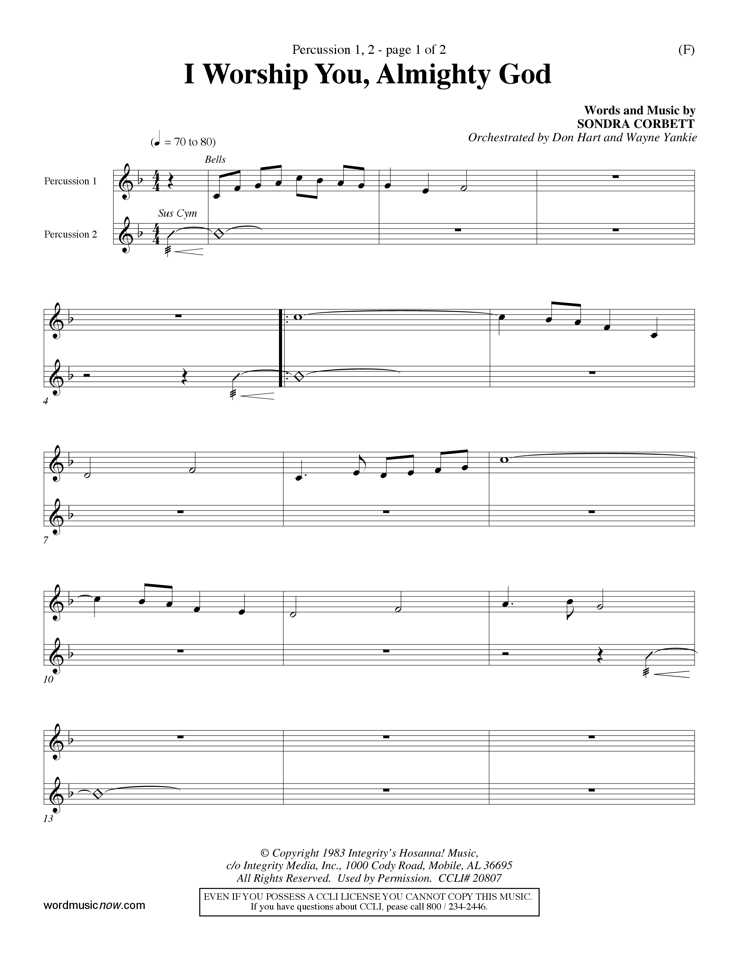 I Worship You Almighty God (Choral Anthem SATB) Percussion 1/2 (Word Music Choral / Orch. Don Hart / Orch. Wayne Yankie)