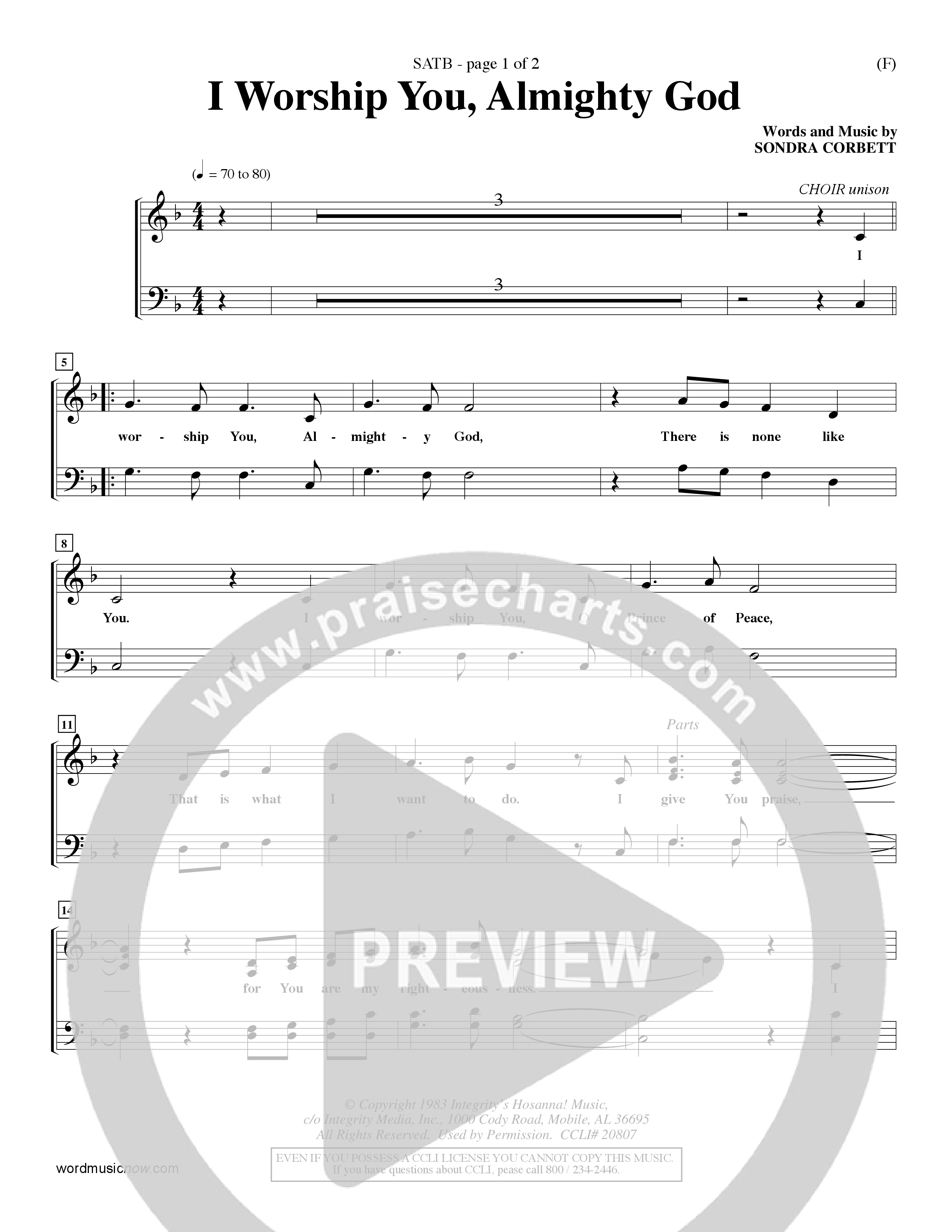 I Worship You Almighty God (Choral Anthem SATB) Keyboard/Vocal (SATB) (Word Music Choral / Orch. Don Hart / Orch. Wayne Yankie)