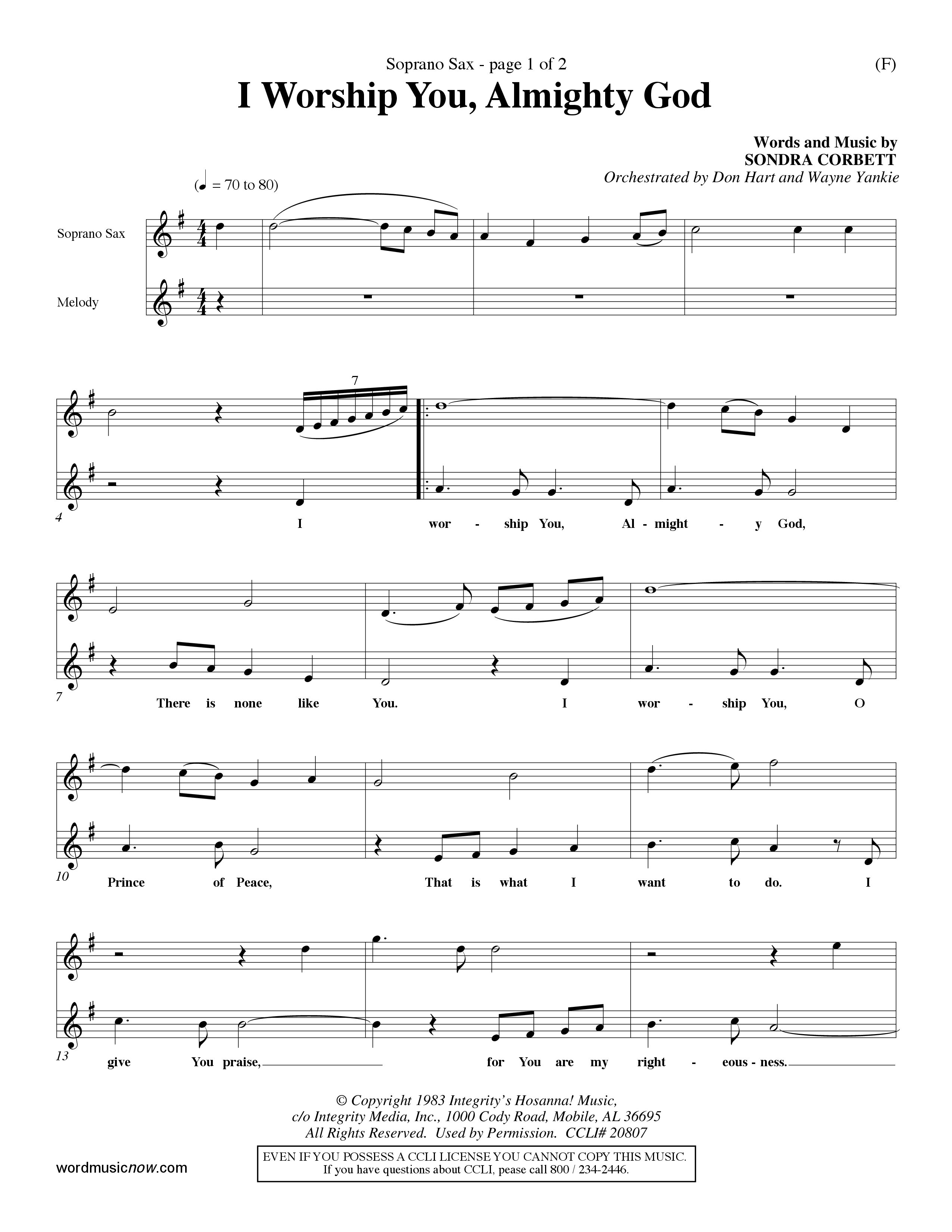 I Worship You Almighty God (Choral Anthem SATB) Saxophone (Word Music Choral / Orch. Don Hart / Orch. Wayne Yankie)