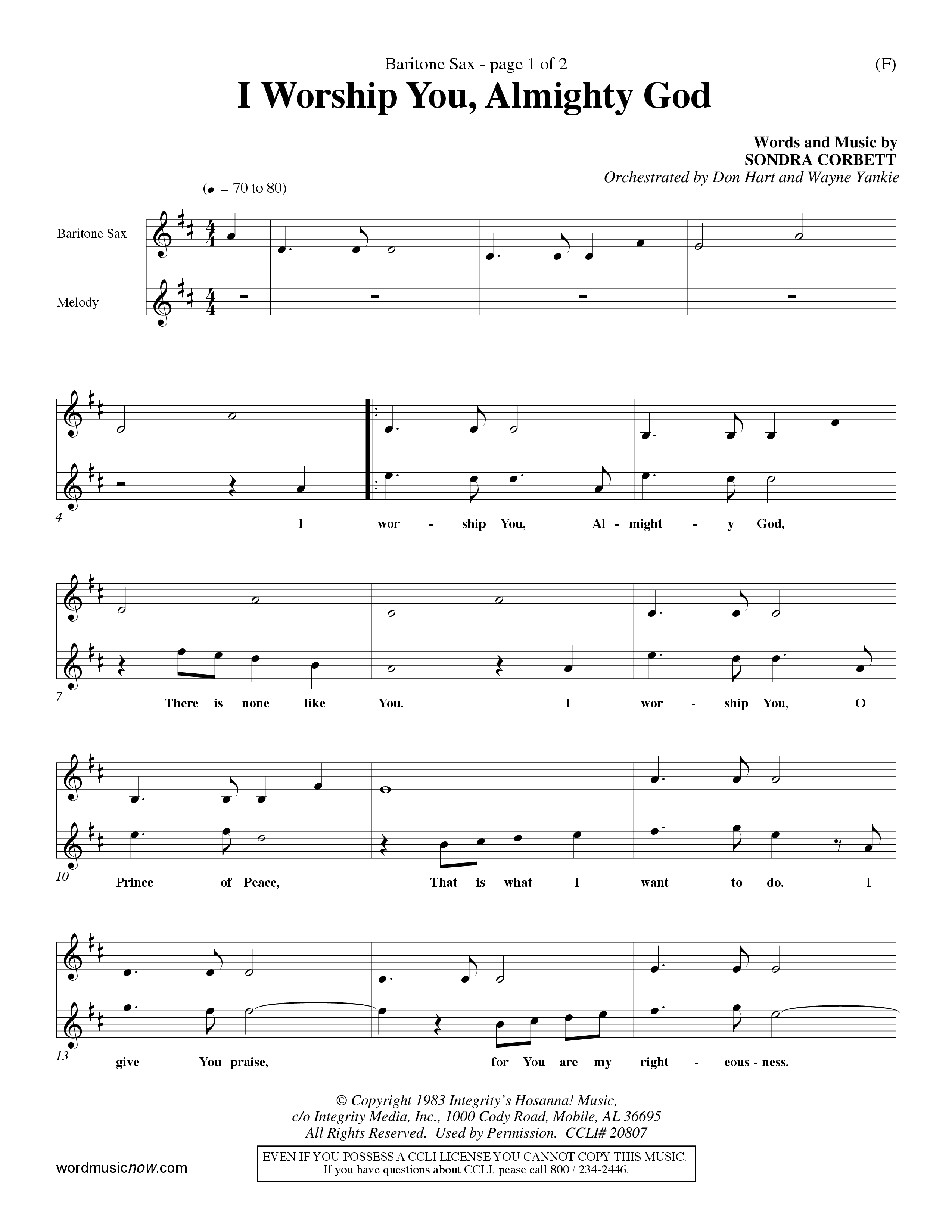 I Worship You Almighty God (Choral Anthem SATB) Saxophone (Word Music Choral / Orch. Don Hart / Orch. Wayne Yankie)