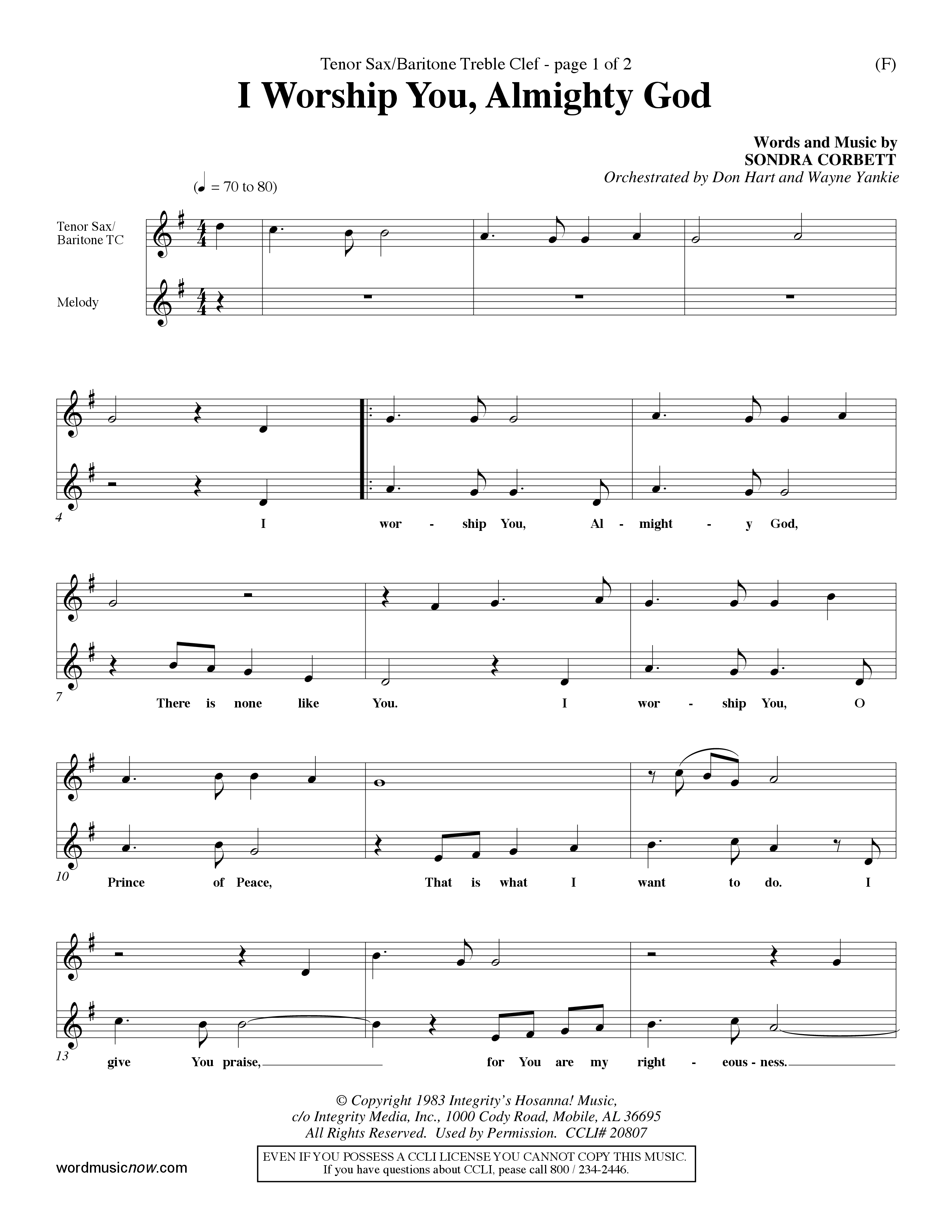 I Worship You Almighty God (Choral Anthem SATB) Tenor Sax/Baritone T.C. (Word Music Choral / Orch. Don Hart / Orch. Wayne Yankie)