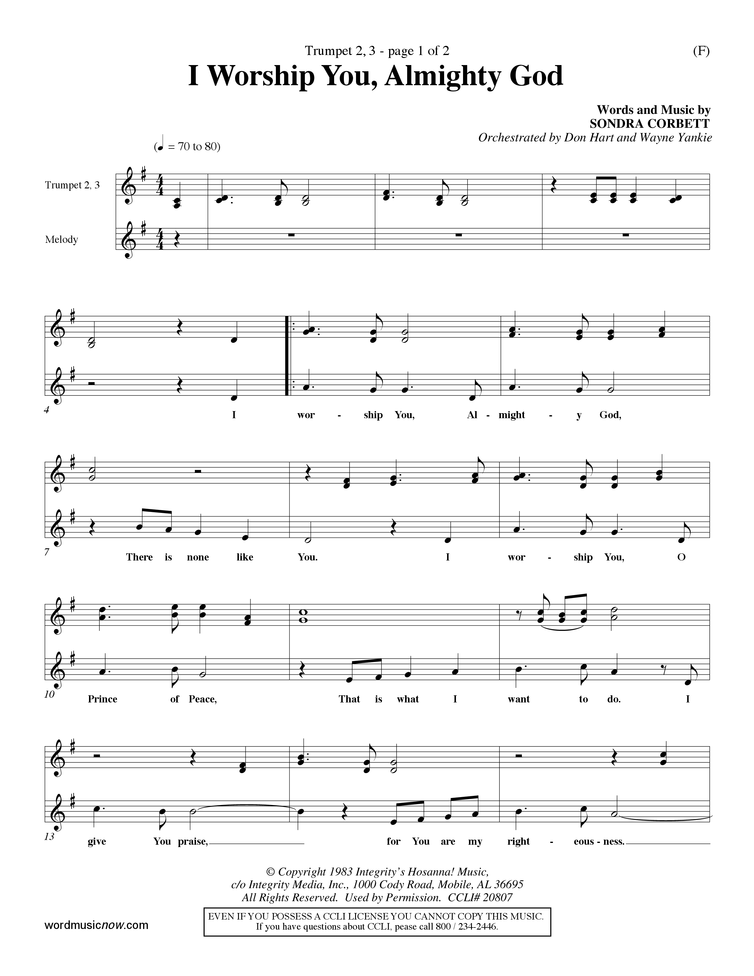 I Worship You Almighty God (Choral Anthem SATB) Trumpet 2/3 (Word Music Choral / Orch. Don Hart / Orch. Wayne Yankie)