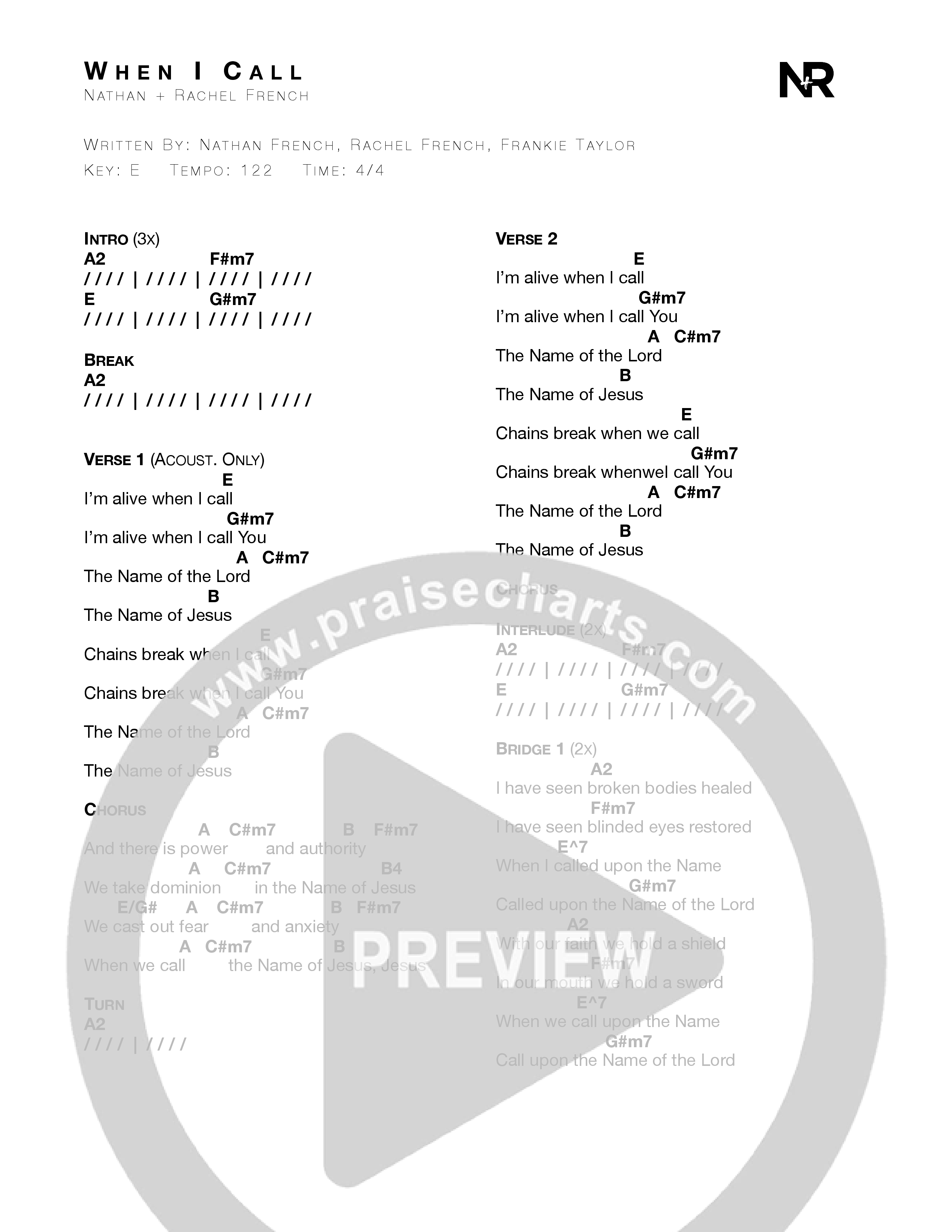 When I Call (Live) Chord Chart (Nathan + Rachel)