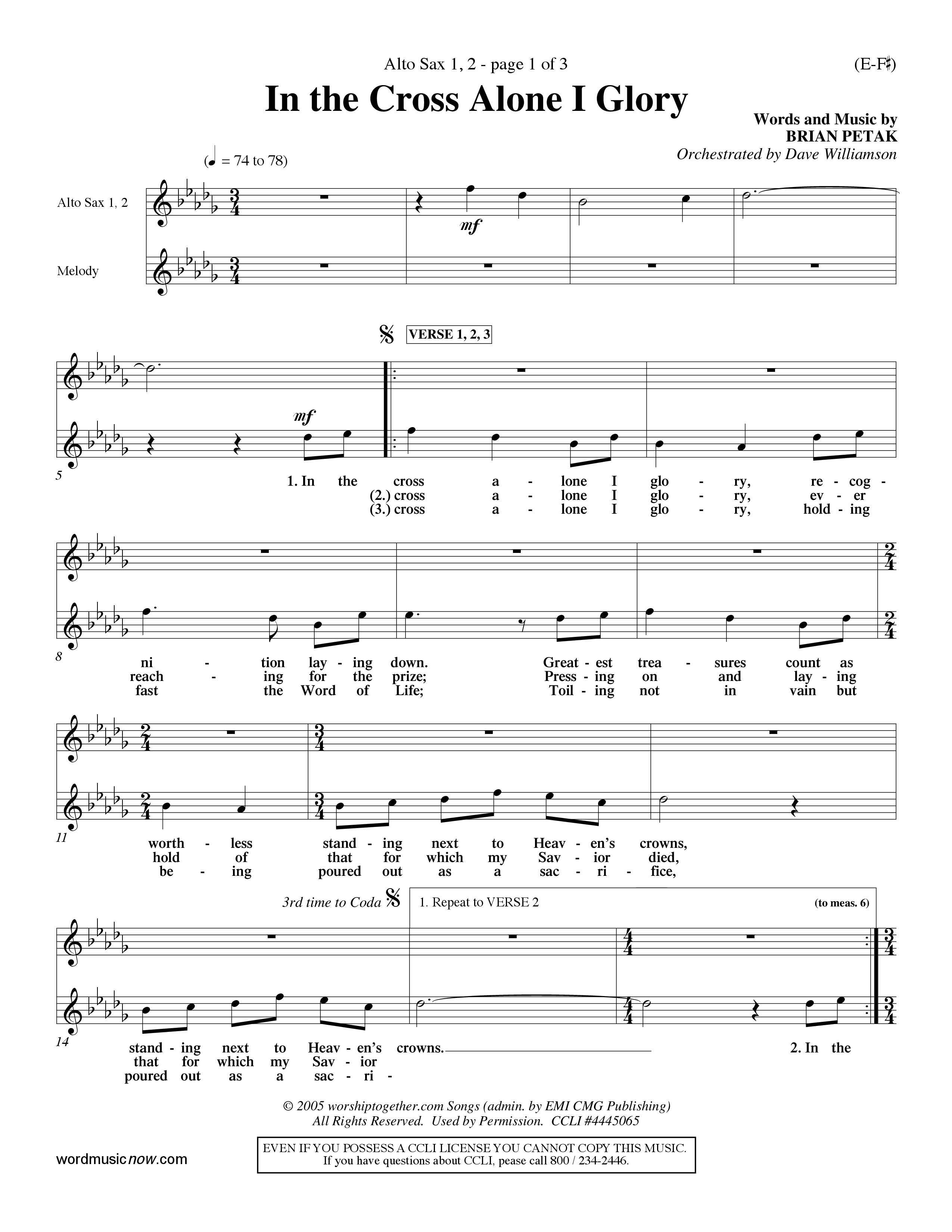 In The Cross Alone I Glory (Choral Anthem SATB) Alto Sax 1/2 (Word Music Choral / Arr. Dave Williamson)