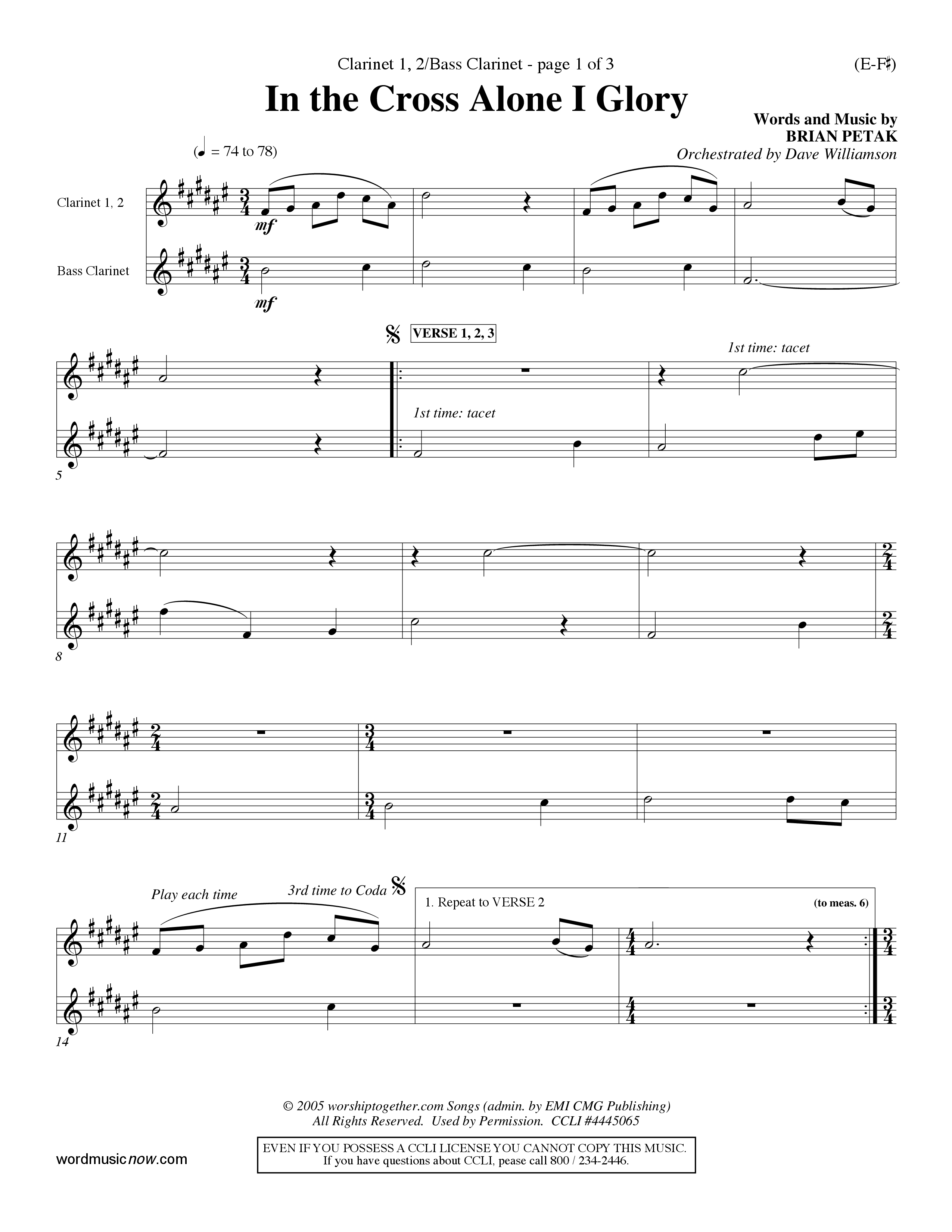 In The Cross Alone I Glory (Choral Anthem SATB) Clarinet 1/2, Bass Clarinet (Word Music Choral / Arr. Dave Williamson)