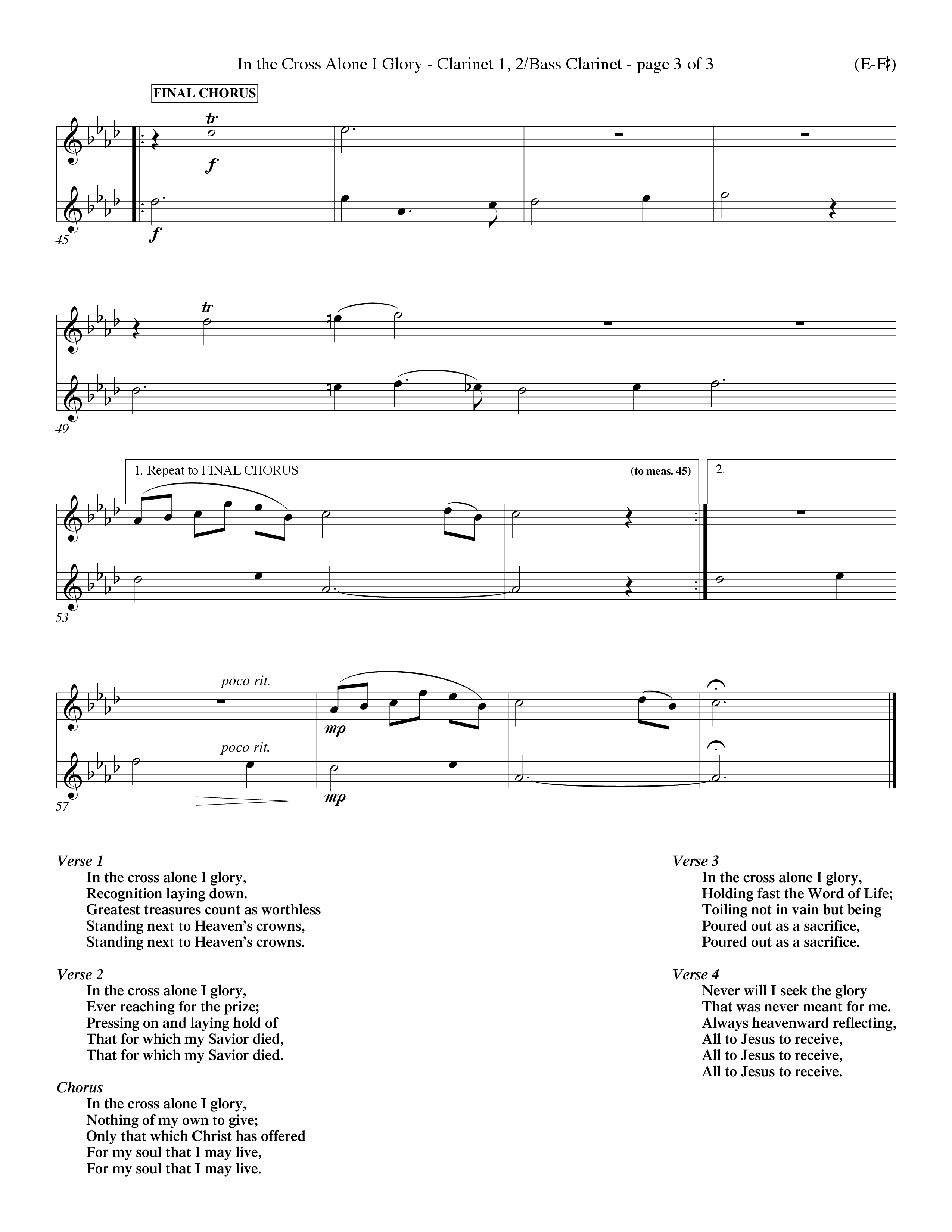 In The Cross Alone I Glory (Choral Anthem SATB) Clarinet 1/2, Bass Clarinet (Word Music Choral / Arr. Dave Williamson)