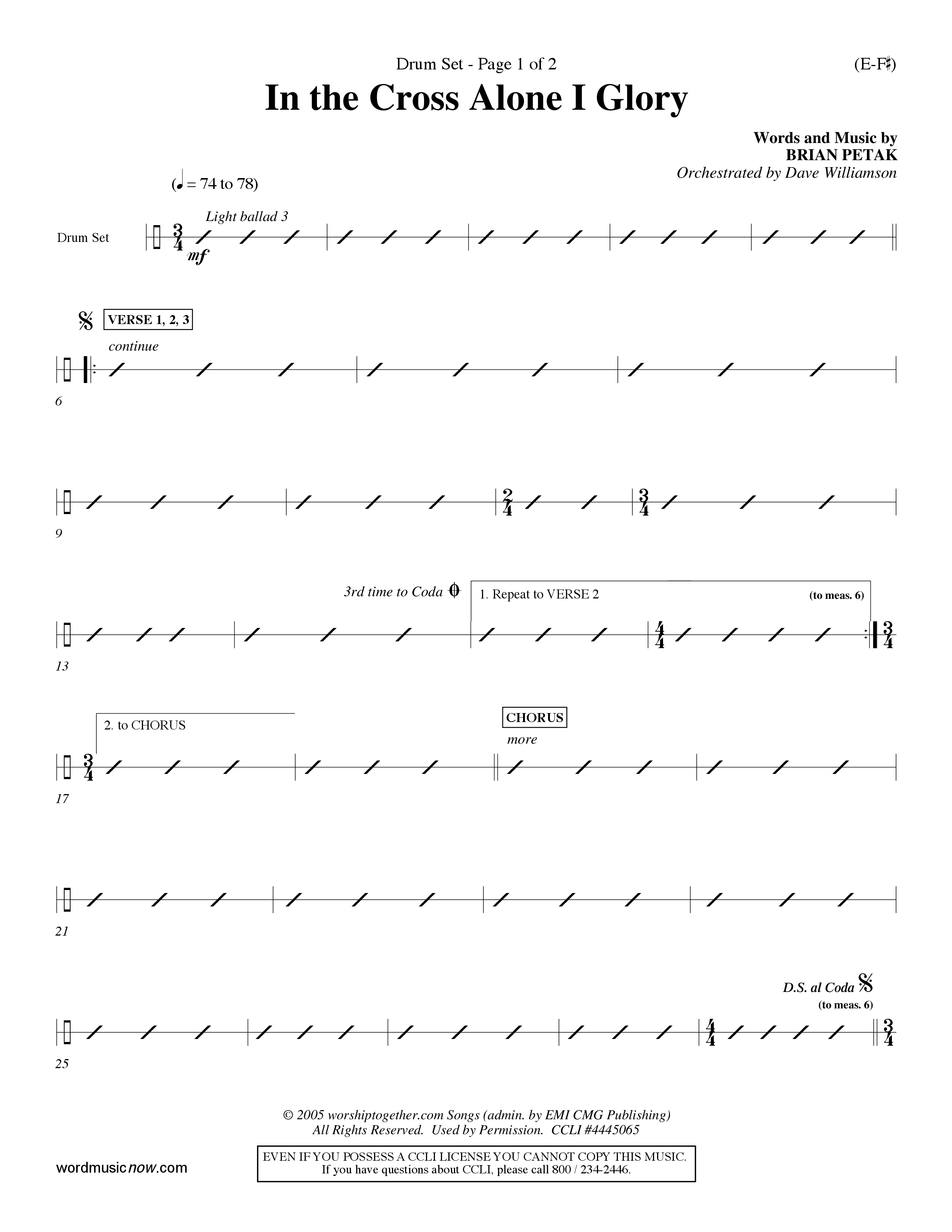 In The Cross Alone I Glory (Choral Anthem SATB) Drum Set (Word Music Choral / Arr. Dave Williamson)